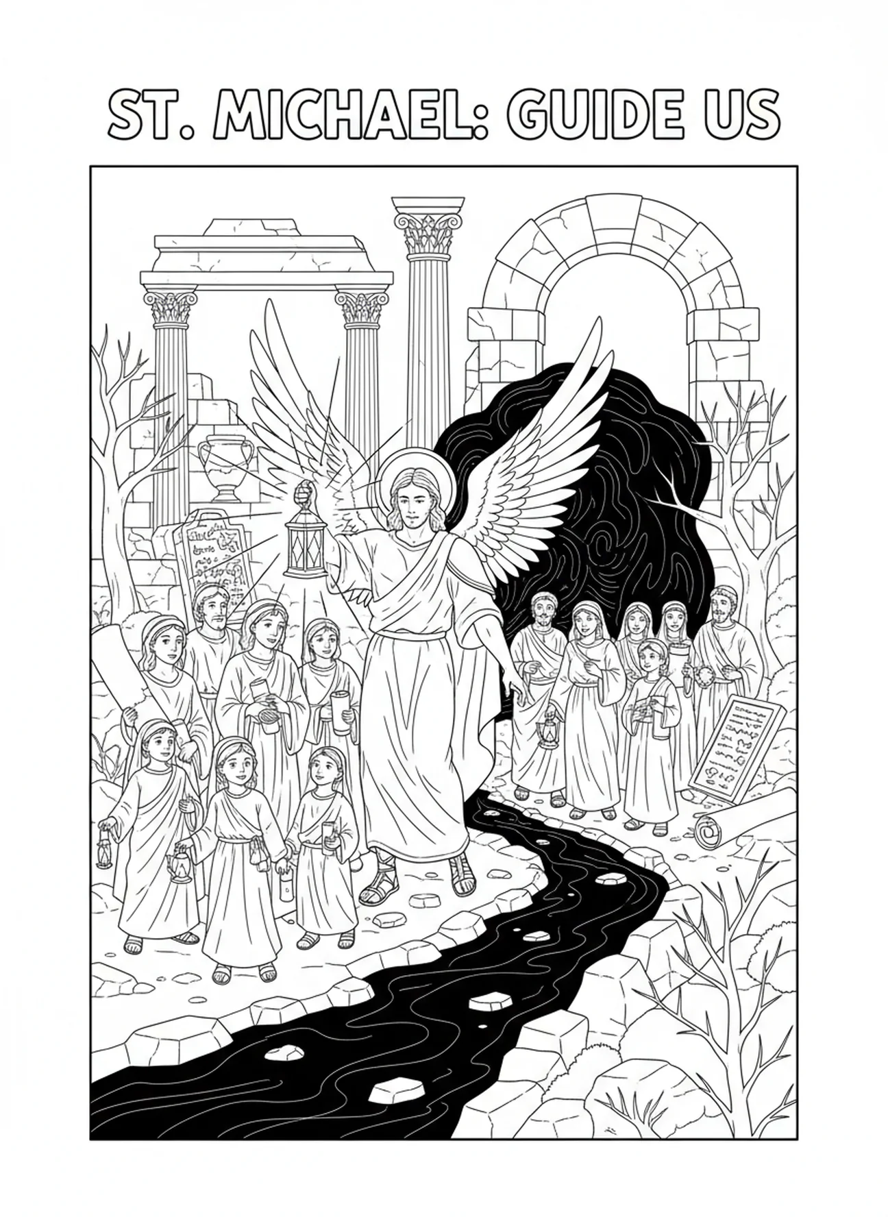 Saint Michel guidant des personnes avec une lanterne, page à colorier Saint Michel pour les enfants de l'École du dimanche âgés de 5 à 12 ans.