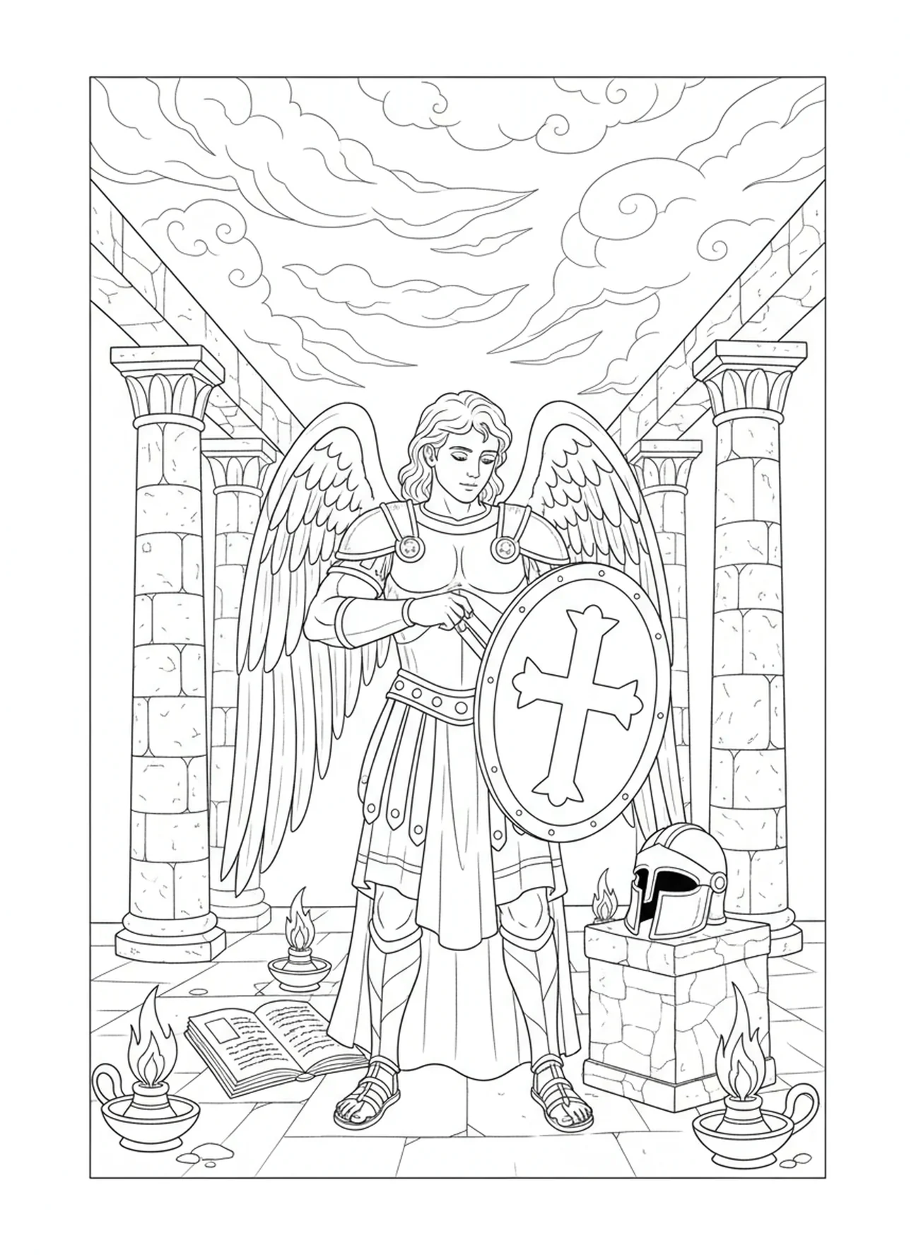 Saint Michel avec armure et bouclier, page à colorier de Saint Michel pour les enfants de l'École du dimanche âgés de 5 à 12 ans.