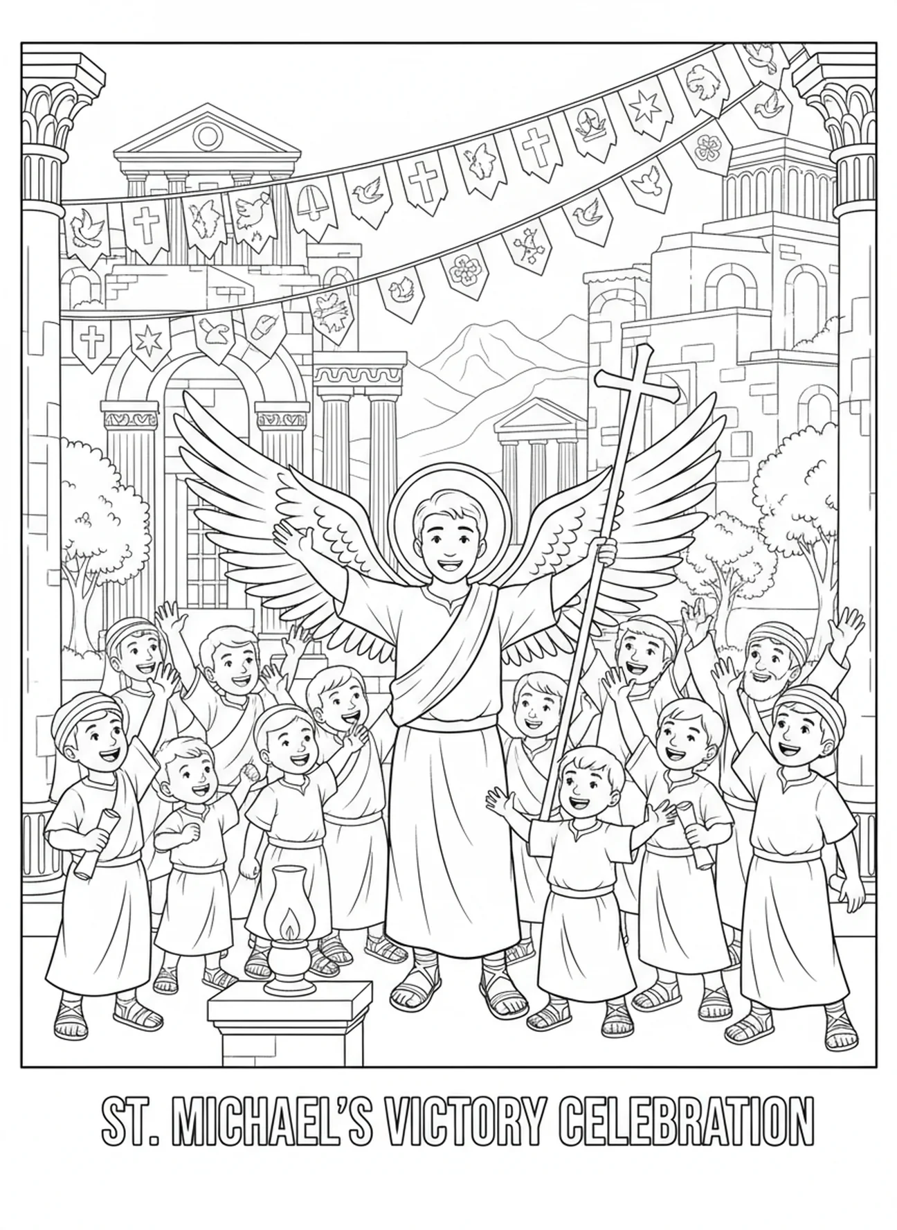 Saint Michel célébrant la victoire, page à colorier Saint Michel pour les enfants de l'École du dimanche âgés de 5 à 12 ans.