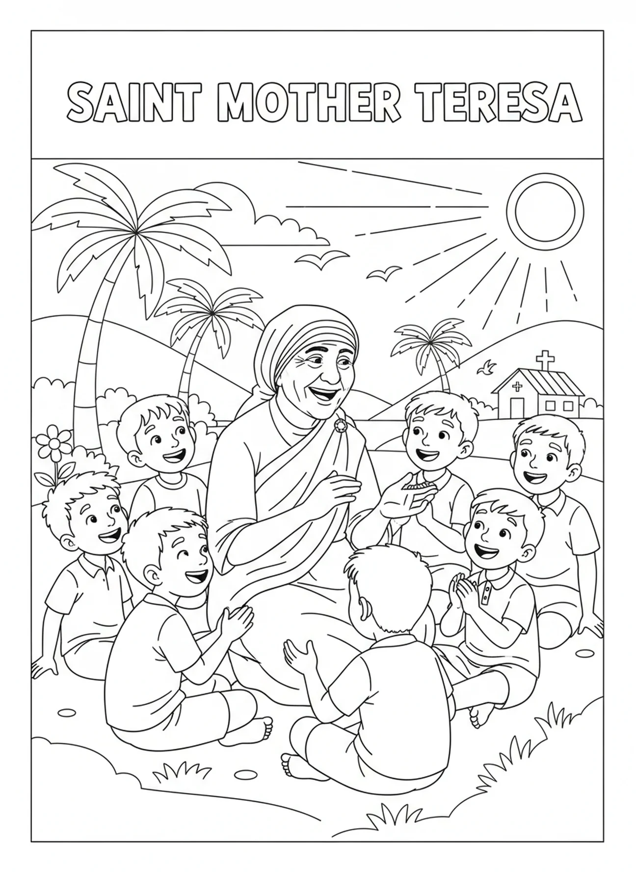 St Mother Teresa sitting with children, St Mother Teresa coloring page for kids age 5-10