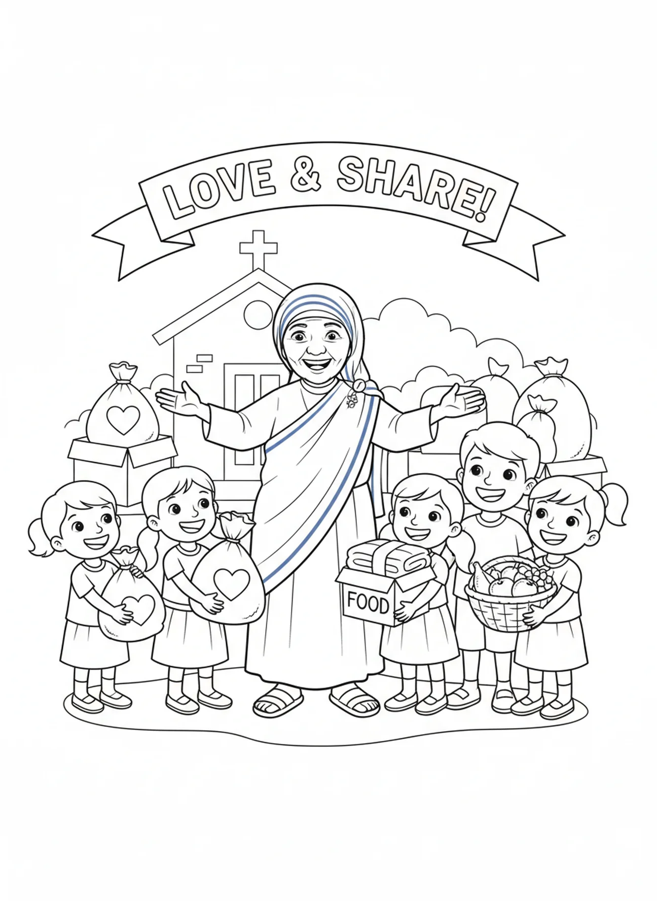 St Mother Teresa receiving donations, St Mother Teresa coloring page for kids age 5-10