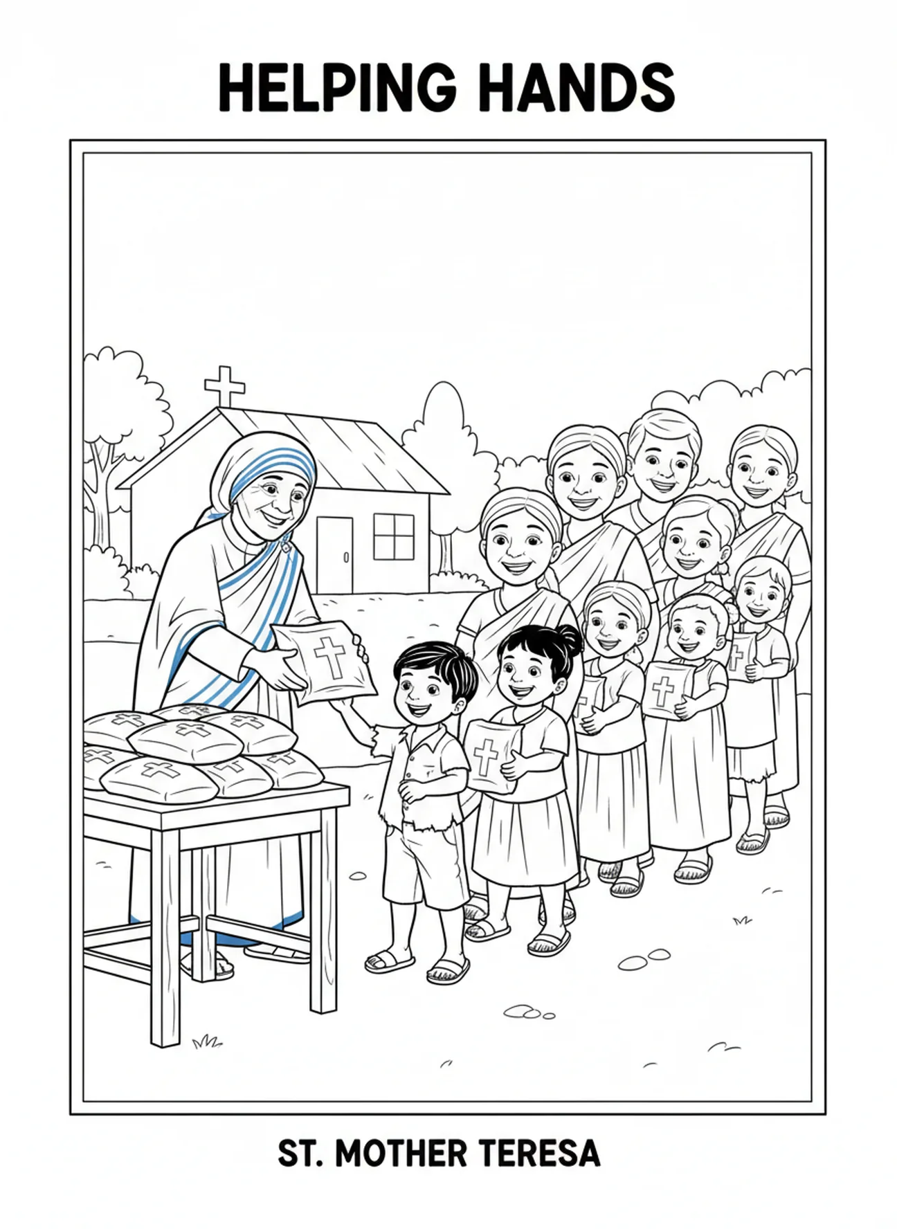 St Mother Teresa distributing food packages, St Mother Teresa coloring page for kids age 5-10