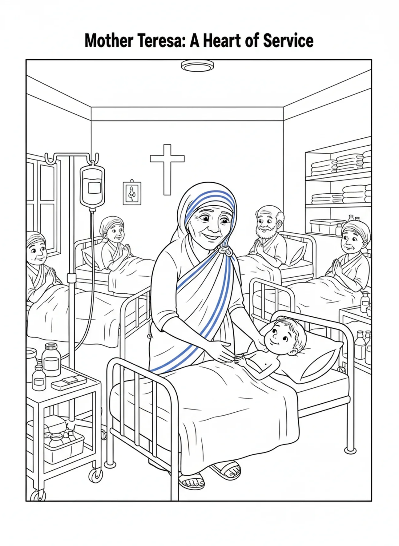 St Mother Teresa caring for patients, St Mother Teresa coloring page for kids age 5-10
