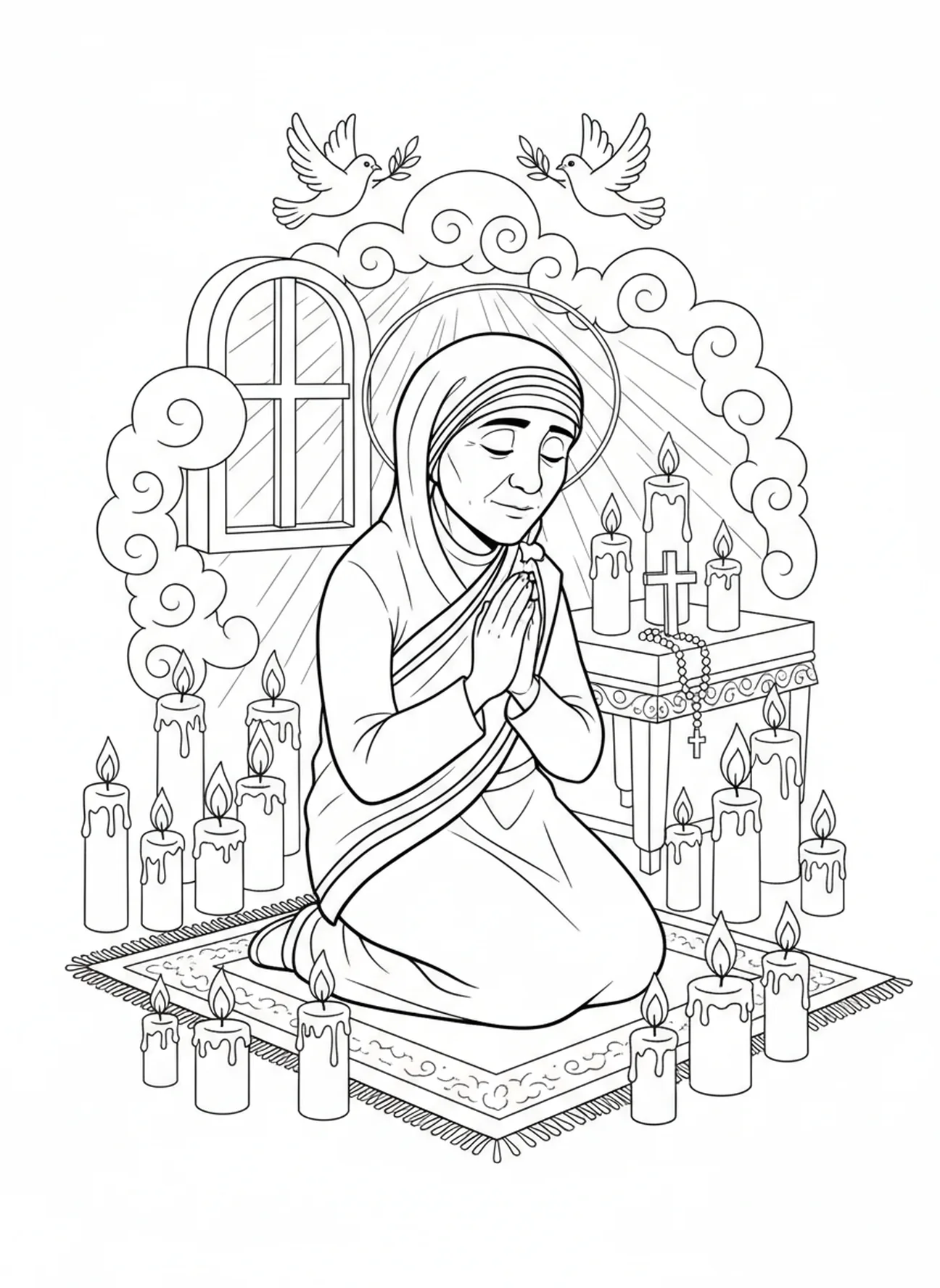 St Mother Teresa kneeling in prayer, St Mother Teresa coloring page for kids age 5-10