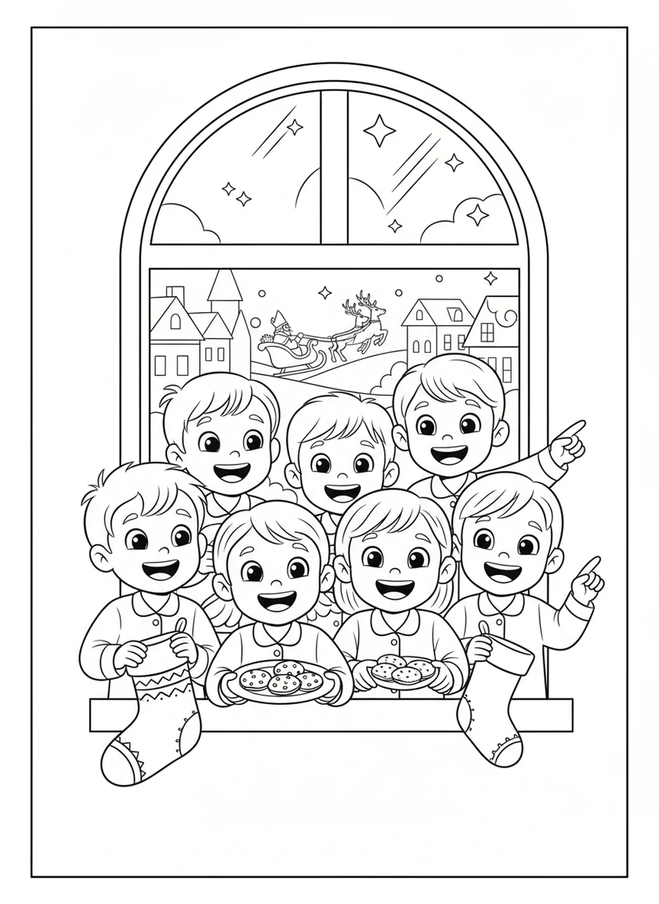 Children peeking out window for St Nicholas, St Nicholas coloring page for kids age 5-10.