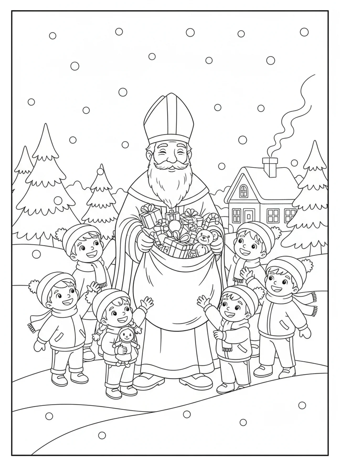 St Nicholas with large bag of gifts, St Nicholas coloring page for kids age 5-10.