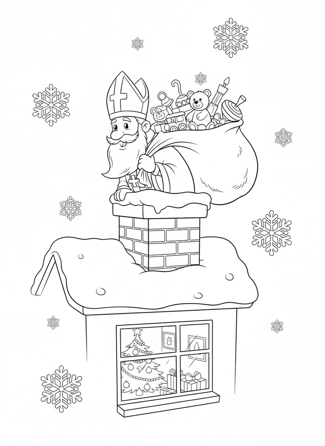 St Nicholas climbing down chimney, St Nicholas coloring page for kids age 5-10.