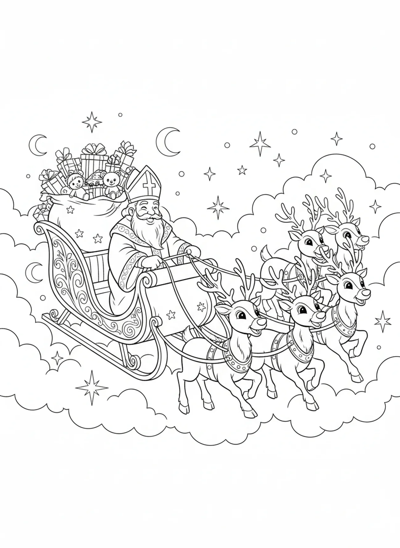 St Nicholas flying on reindeer sleigh, St Nicholas coloring page for kids age 5-10.