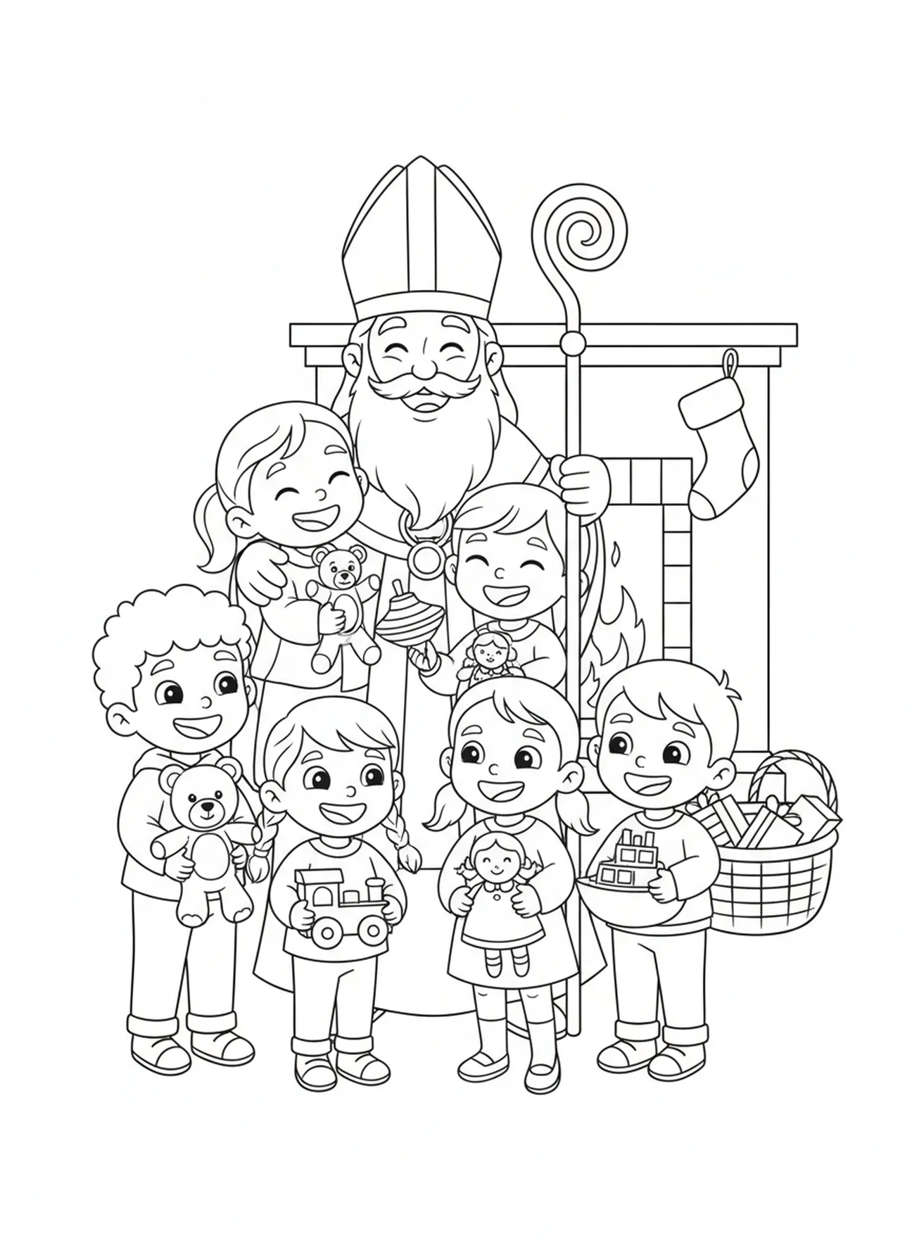 St Nicholas surrounded by children, St Nicholas coloring page for kids age 5-10.