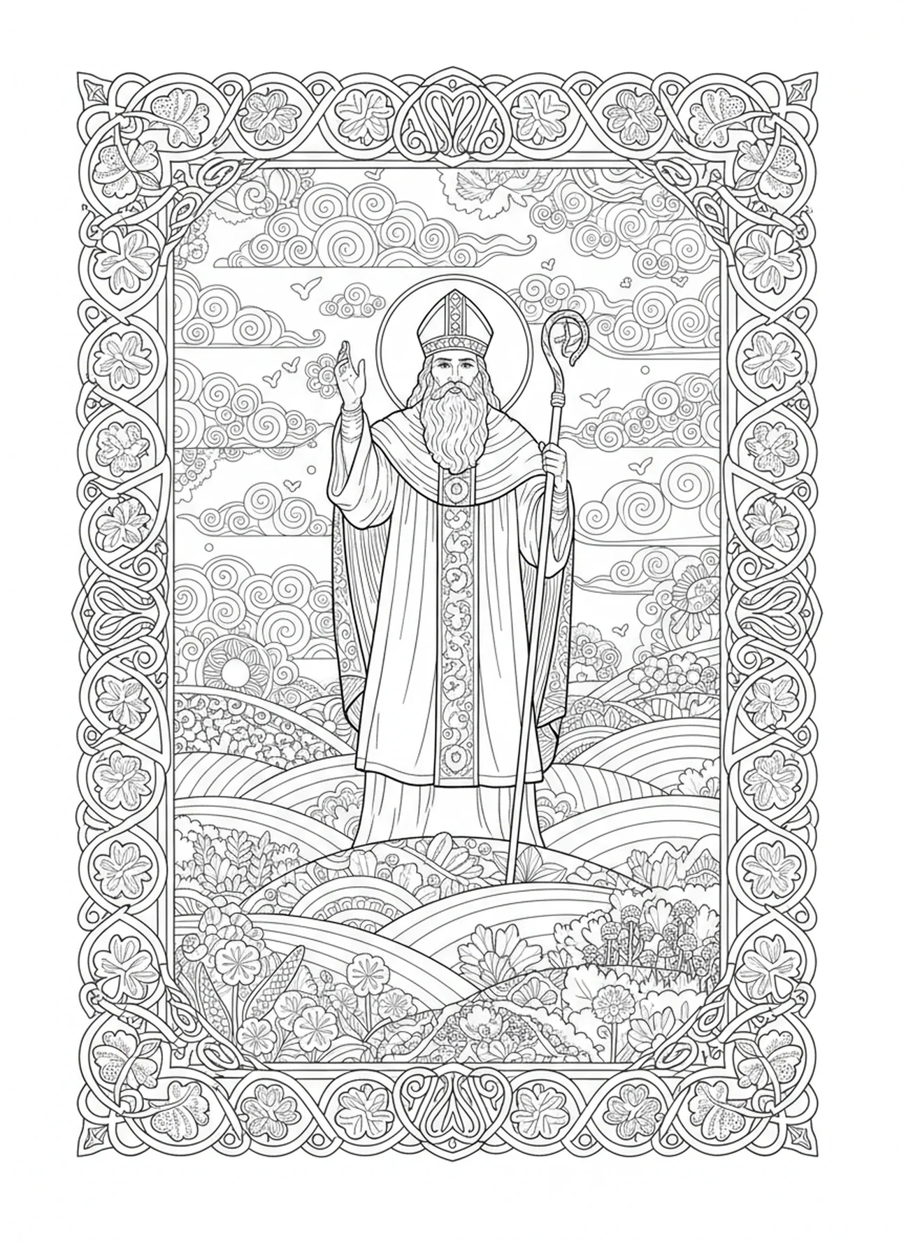 St. Patrick in Irish landscape, St Patrick coloring page for adults Bible journaling style