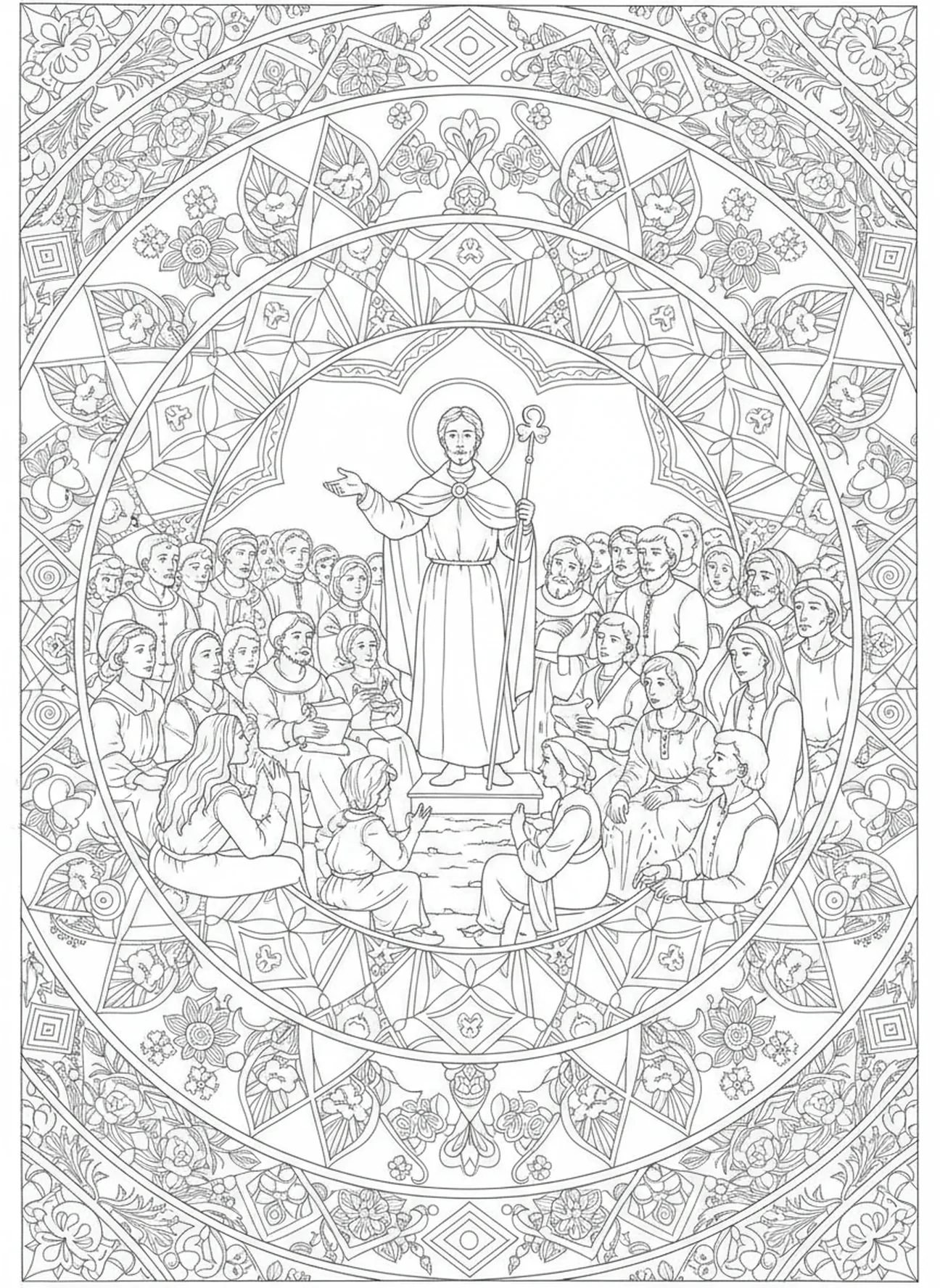 St. Patrick preaching to crowd, St Patrick coloring page for adults Bible journaling style