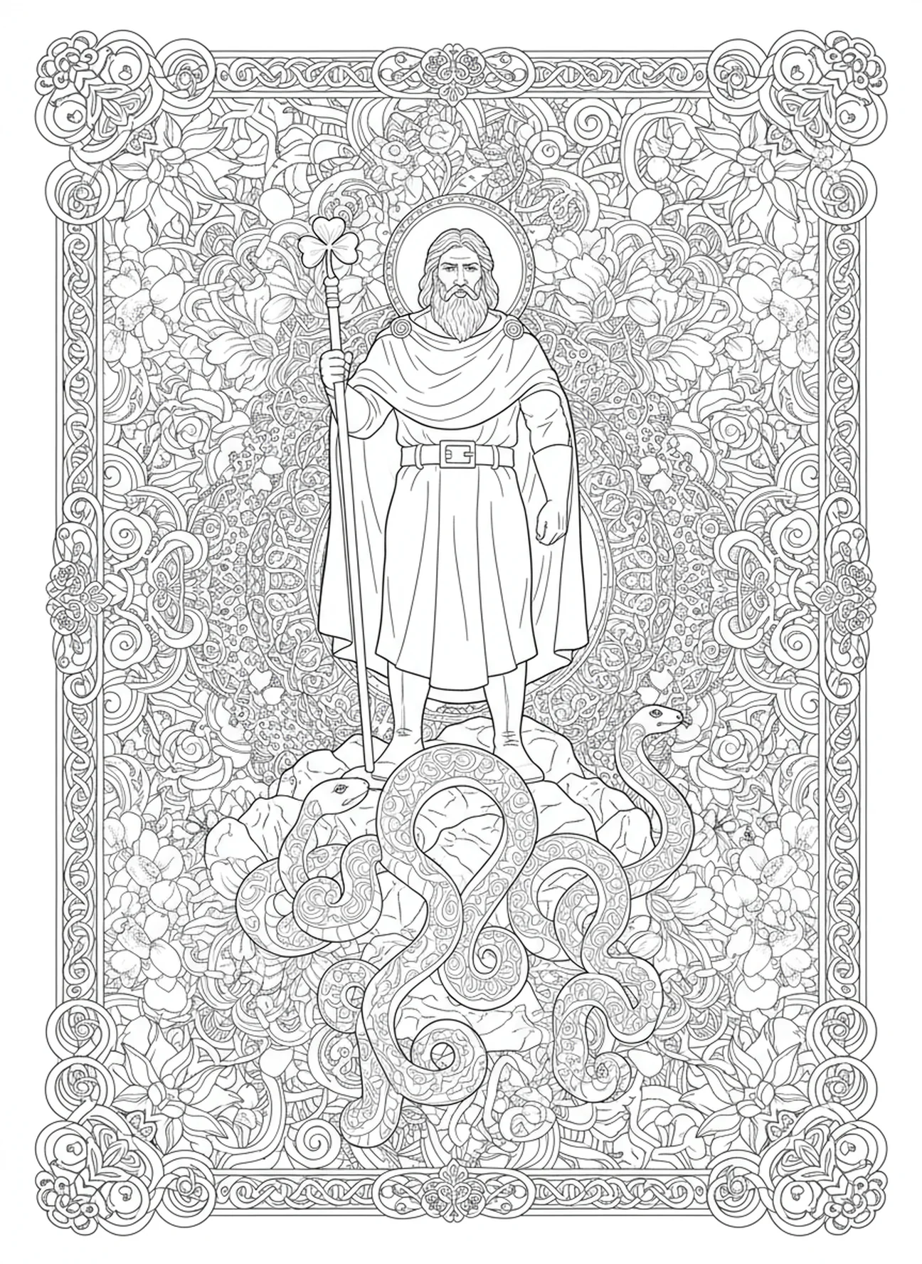 St. Patrick banishing snakes, St Patrick coloring page for adults Bible journaling style