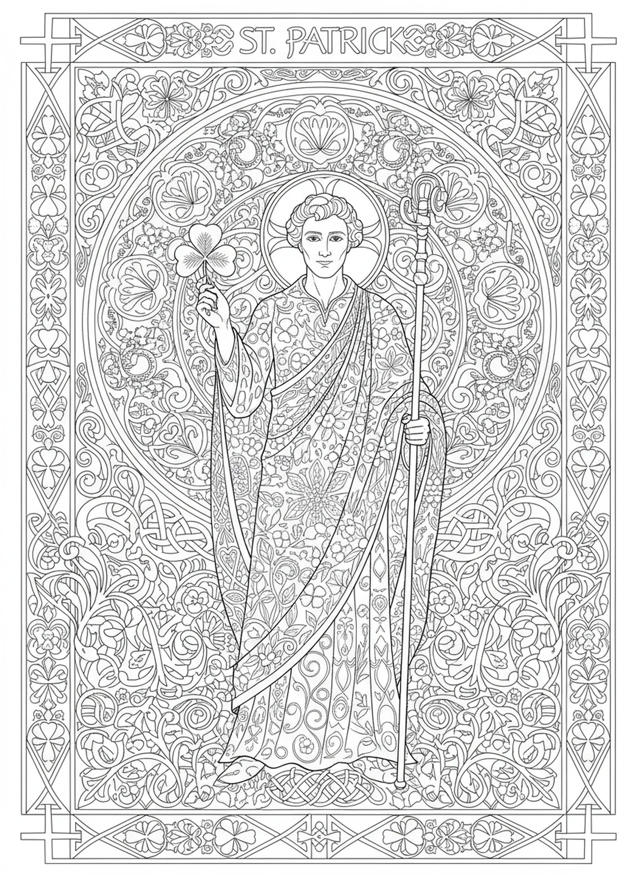 St. Patrick holding shamrock, St Patrick coloring page for adults Bible journaling style
