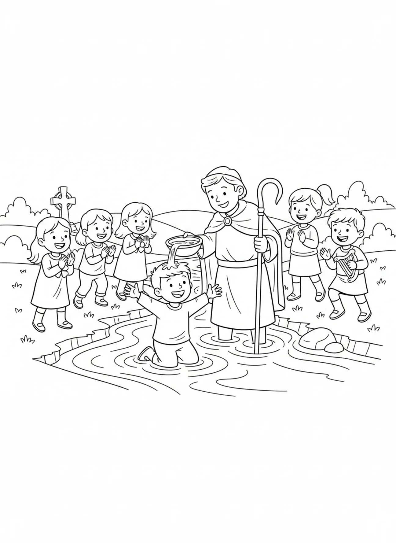 Der heilige Patrick tauft ein Kind, Ausmalbild von St. Patrick für Kinder im Alter von 5-10 Jahren.