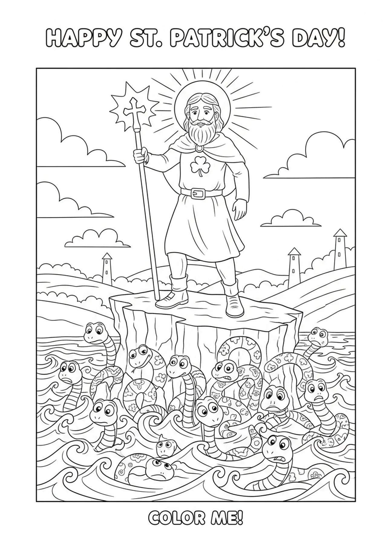 Der heilige Patrick vertreibt Schlangen, Malvorlage für Kinder im Alter von 5-10 Jahren.