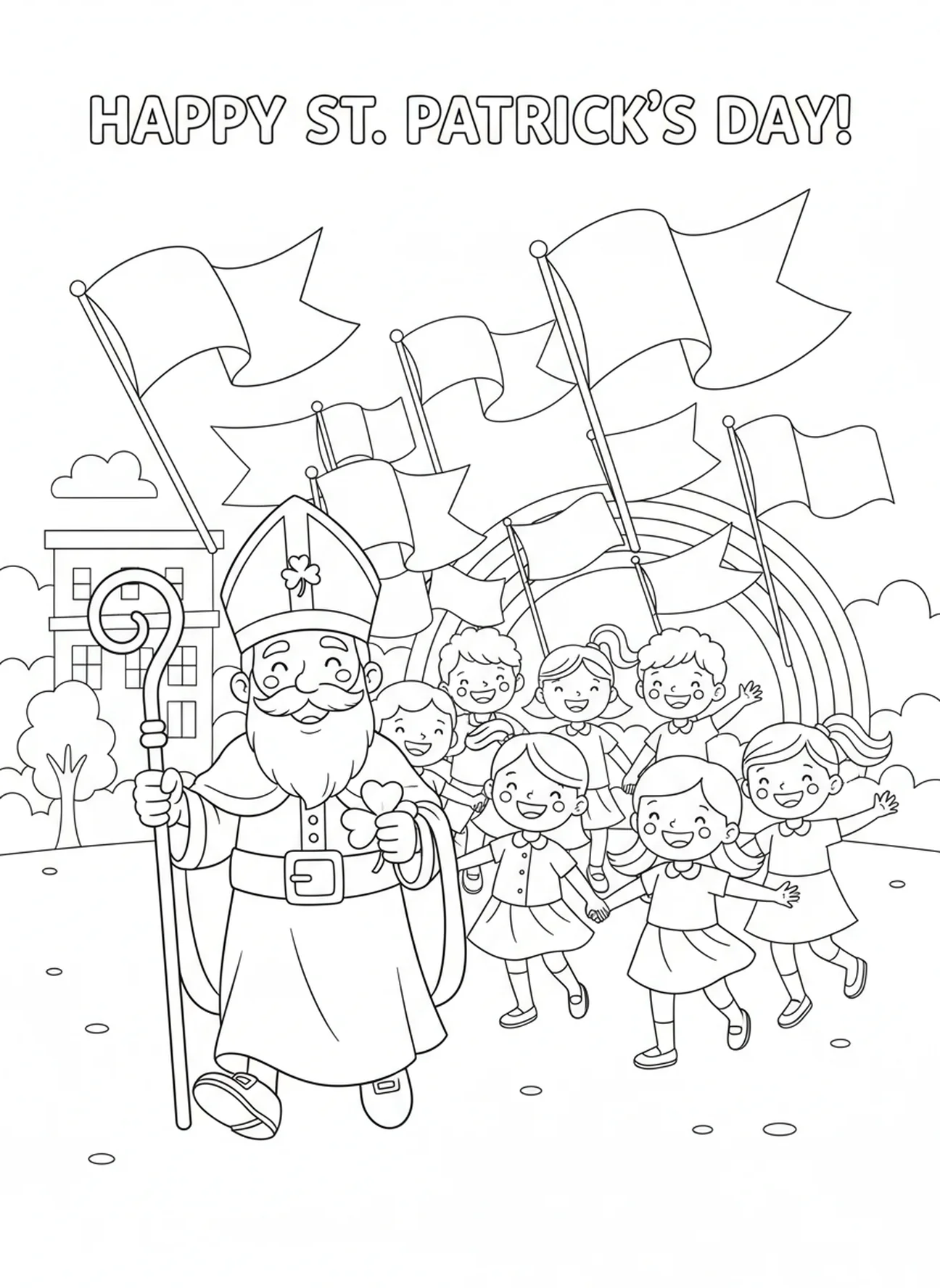 Fest von St. Patrick mit Kindern, Ausmalbild von St. Patrick für Kinder im Alter von 5-10 Jahren.