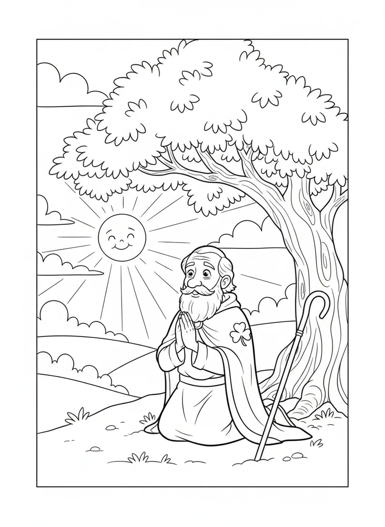 Der heilige Patrick betet unter einem Baum, Ausmalbild von St. Patrick für Kinder im Alter von 5-10 Jahren.