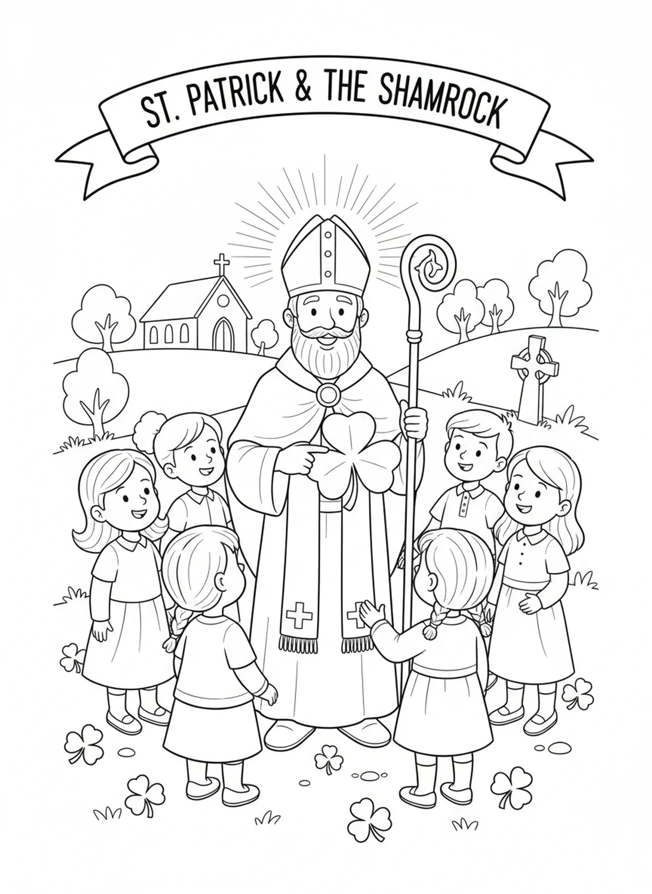 Der heilige Patrick lehrt mit einem Kleeblatt, Ausmalbild von St. Patrick für Kinder im Alter von 5-10 Jahren.