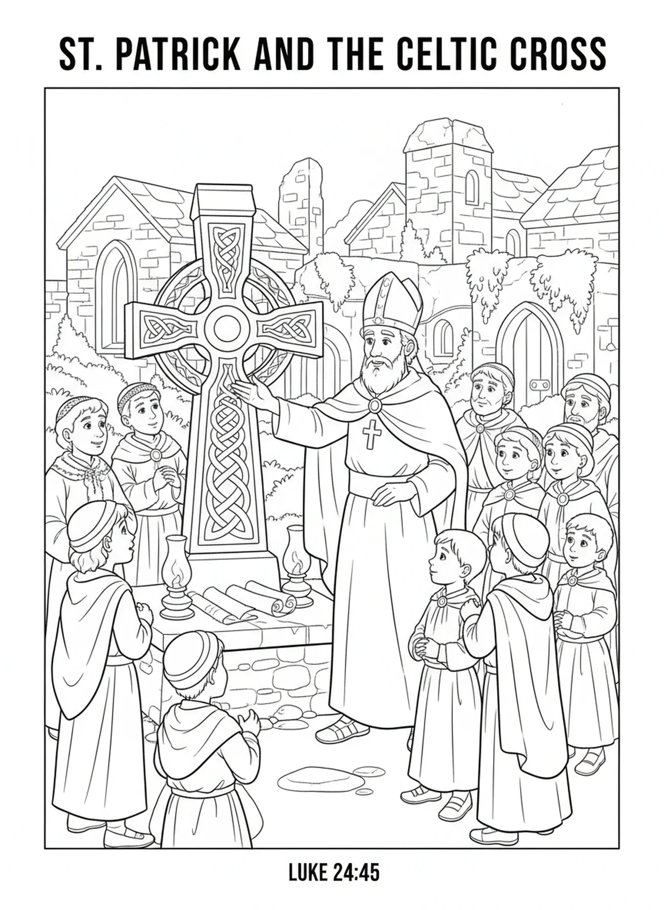Der heilige Patrick neben einem keltischen Kreuz, Ausmalbild für die Sonntagsschule für Kinder im Alter von 5-12 Jahren