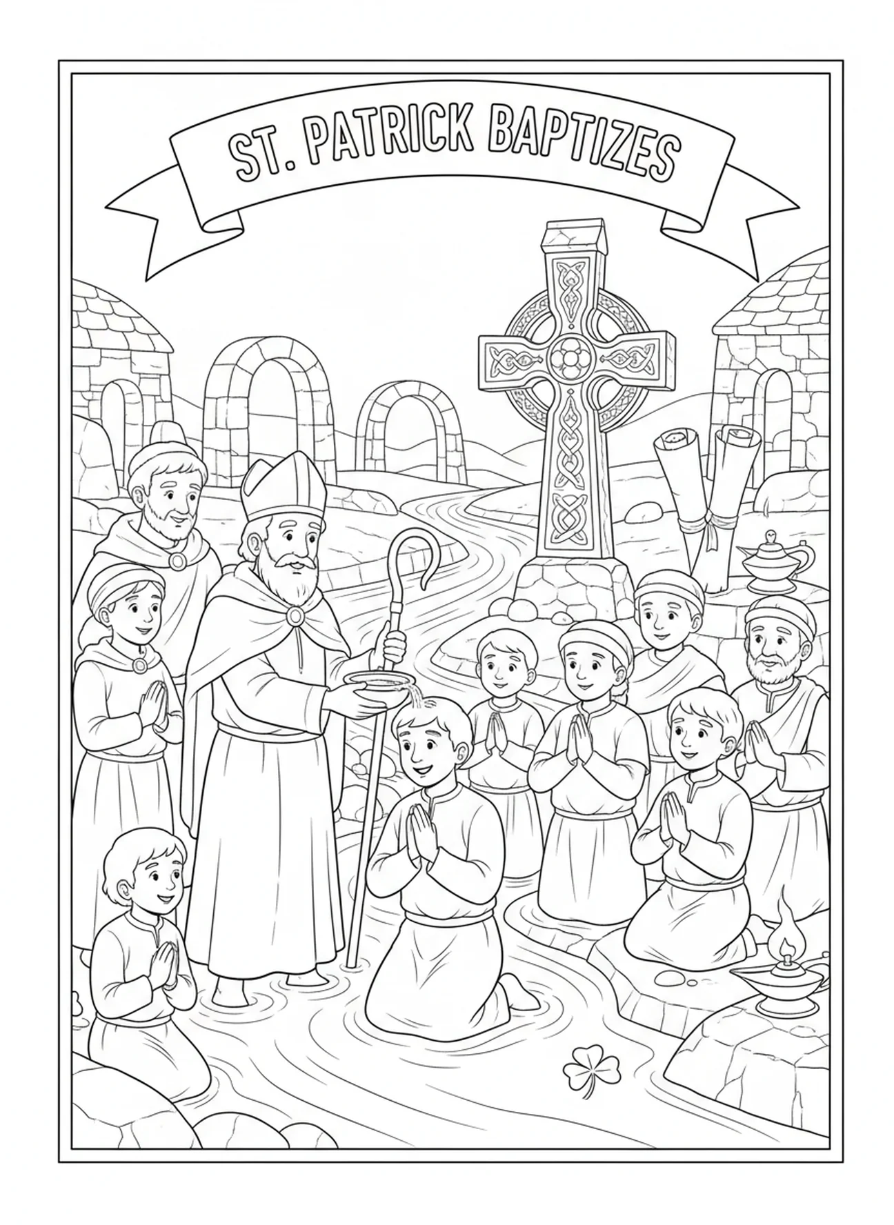 Der heilige Patrick tauft Dorfbewohner, Ausmalbild von St. Patrick für die Sonntagsschule für Kinder im Alter von 5-12 Jahren