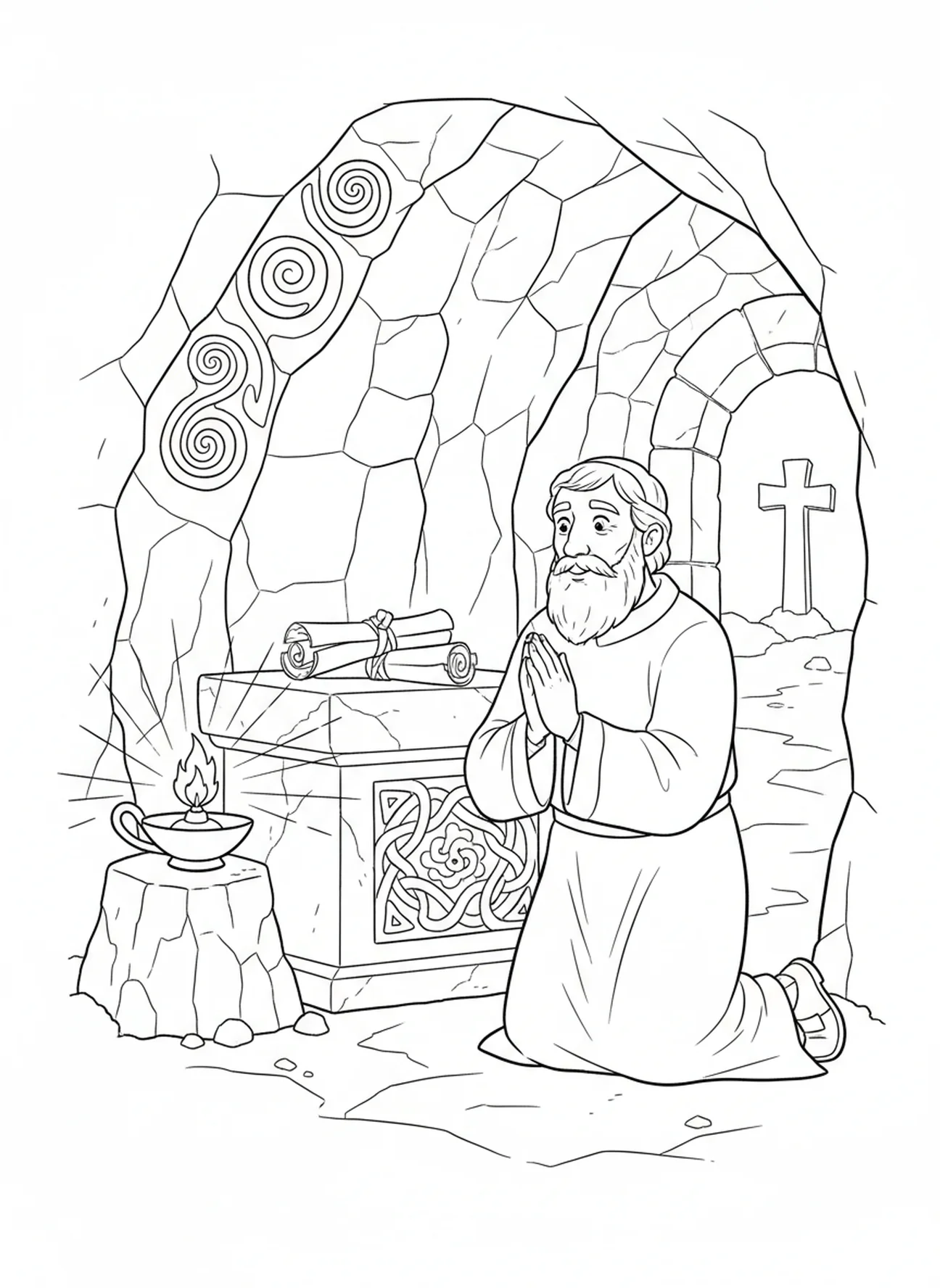Der heilige Patrick betet in einer Höhle, Ausmalbild für die Sonntagsschule für Kinder im Alter von 5-12 Jahren