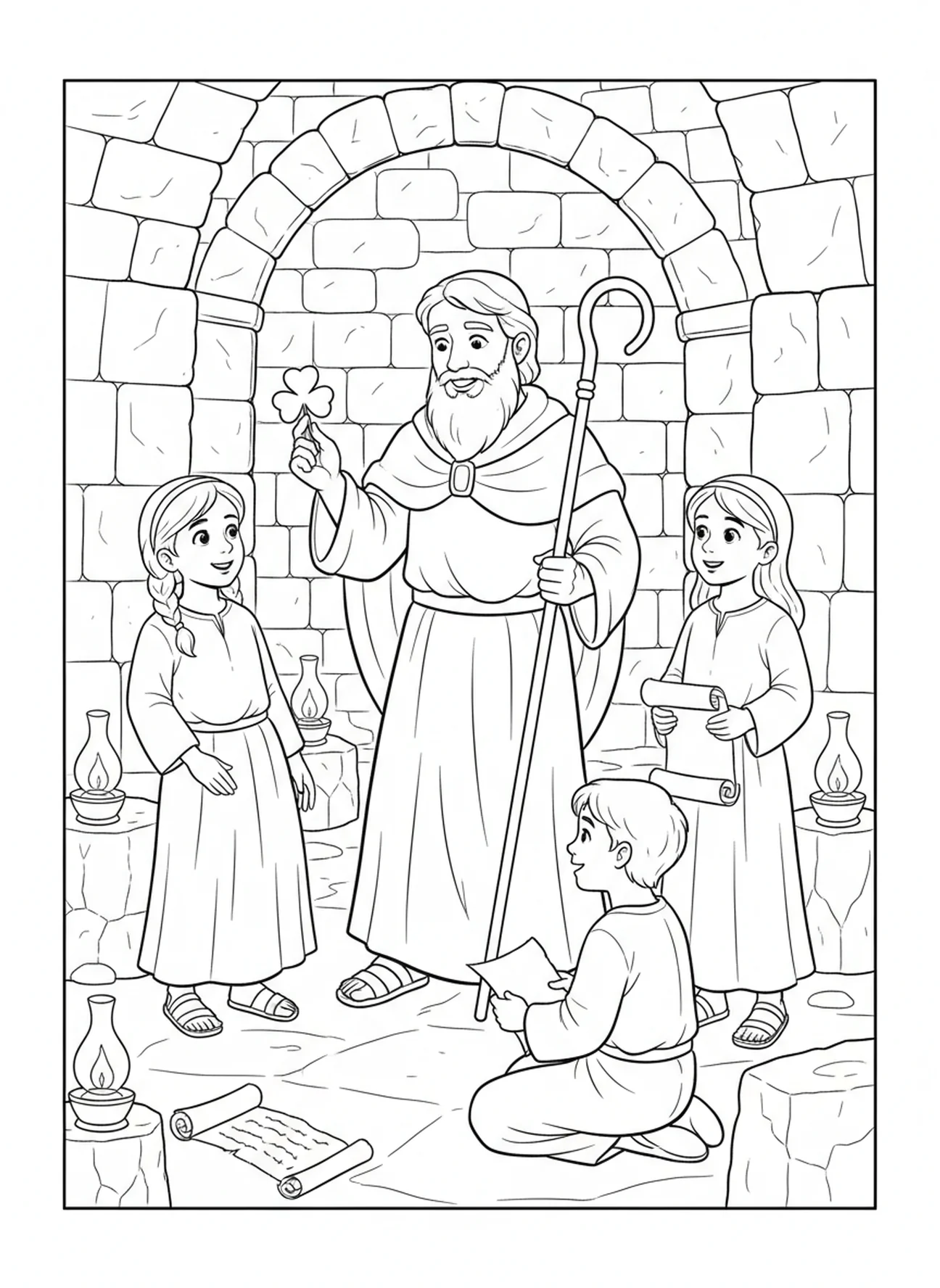 Der heilige Patrick unterrichtet Kinder, Ausmalbild von St. Patrick für die Sonntagsschule für Kinder im Alter von 5-12 Jahren