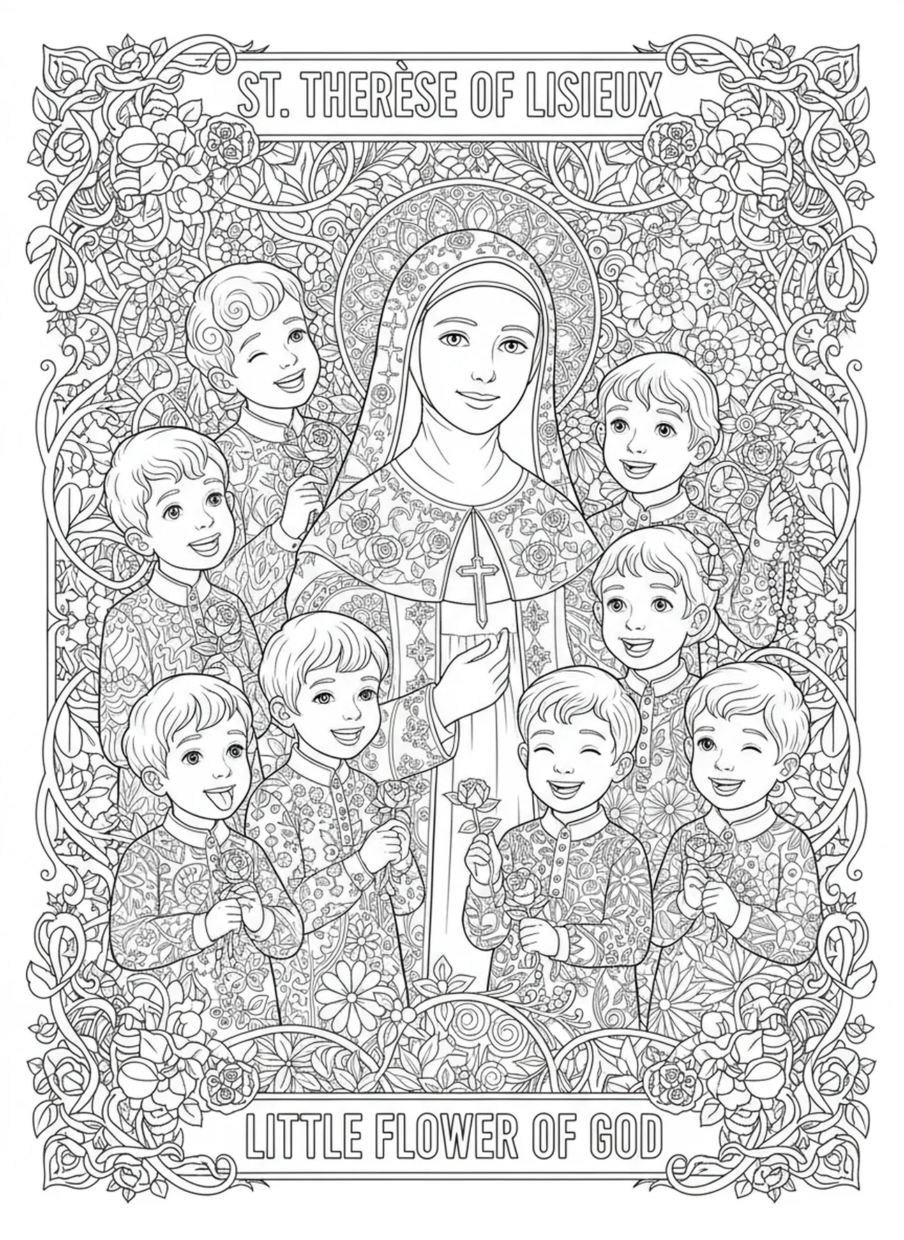 St Therese with children, St Therese Lisieux coloring page for adults Bible journaling style.