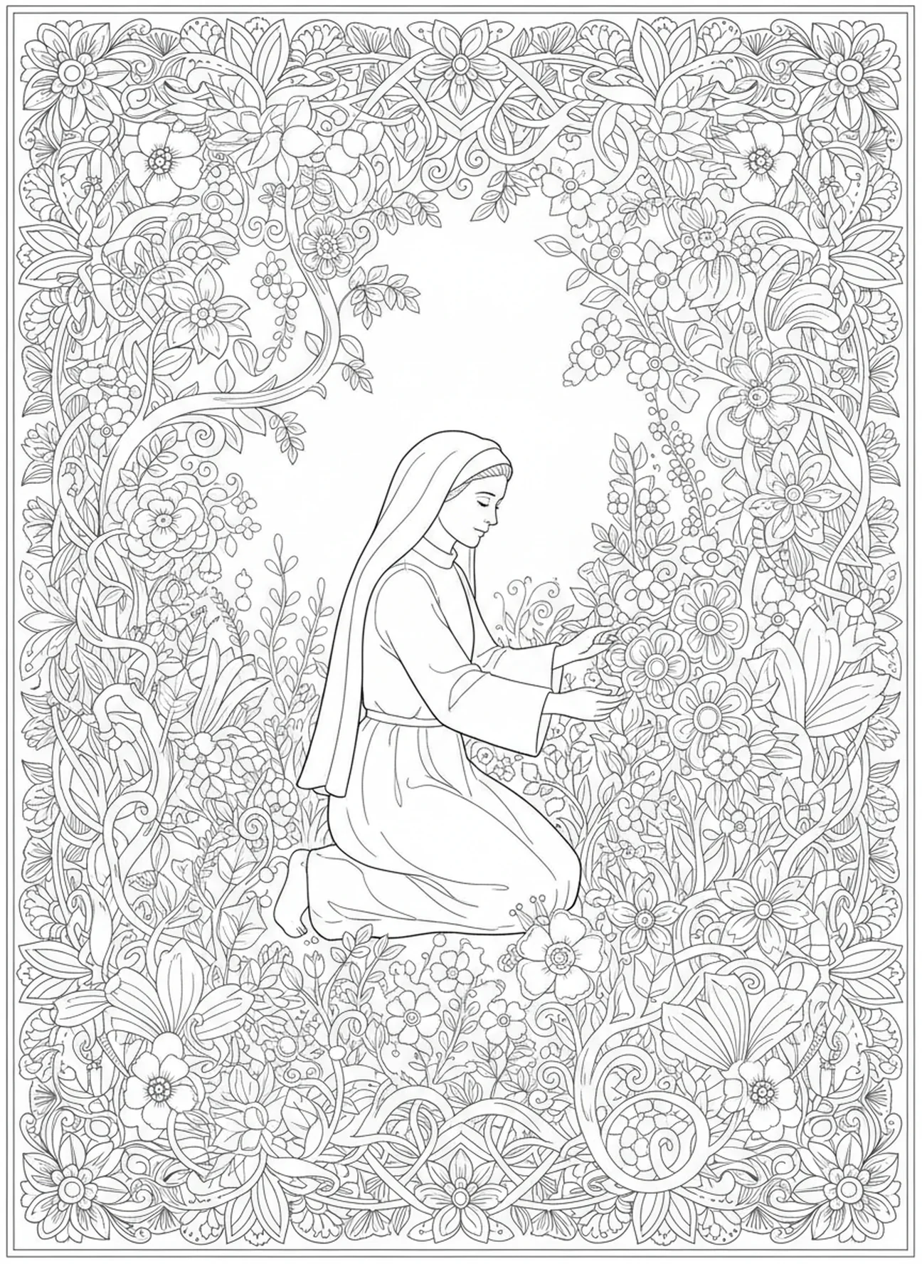 St Therese in the garden, St Therese Lisieux coloring page for adults Bible journaling style.