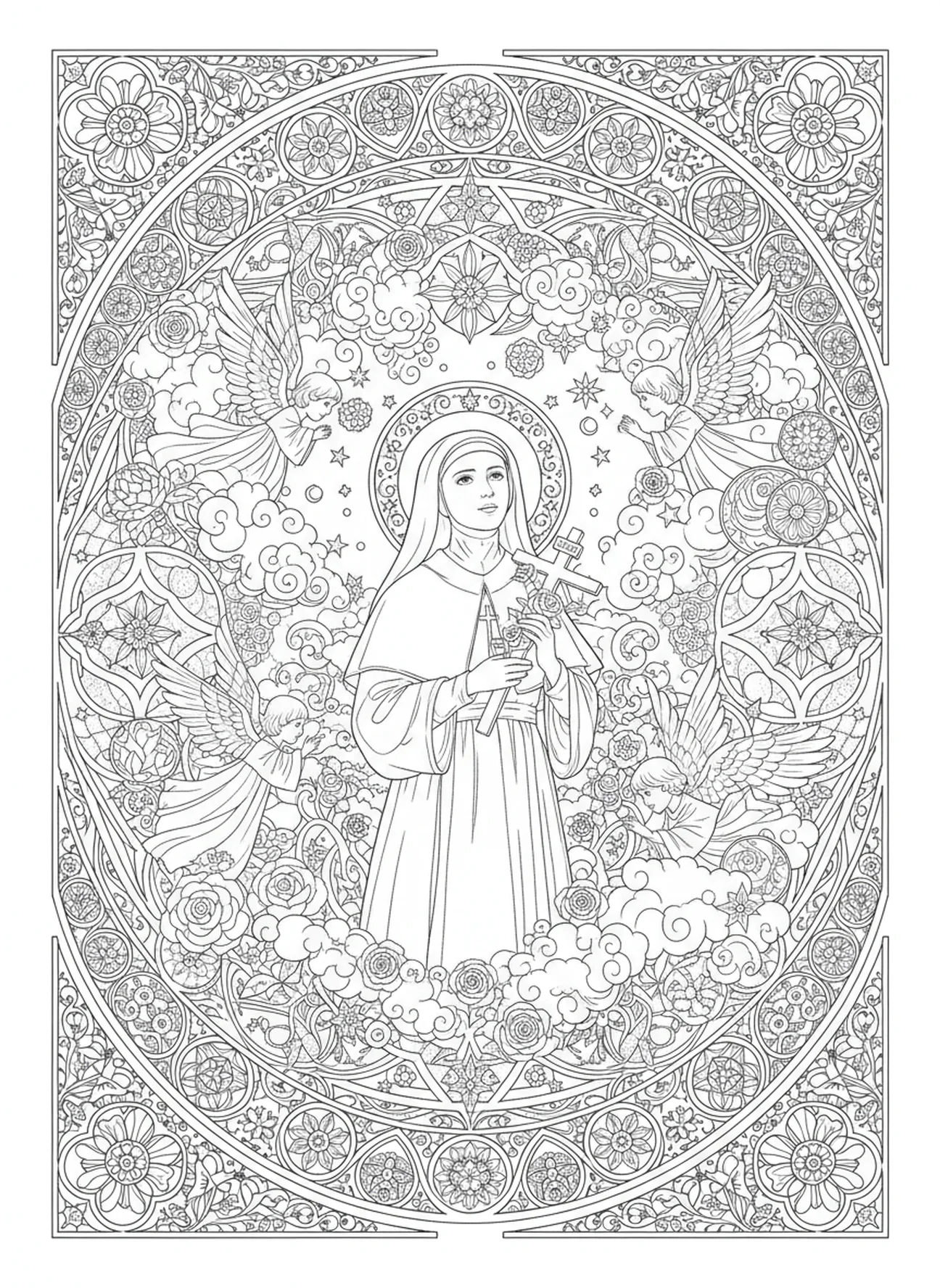 St Therese in heavenly scene, St Therese Lisieux coloring page for adults Bible journaling style.