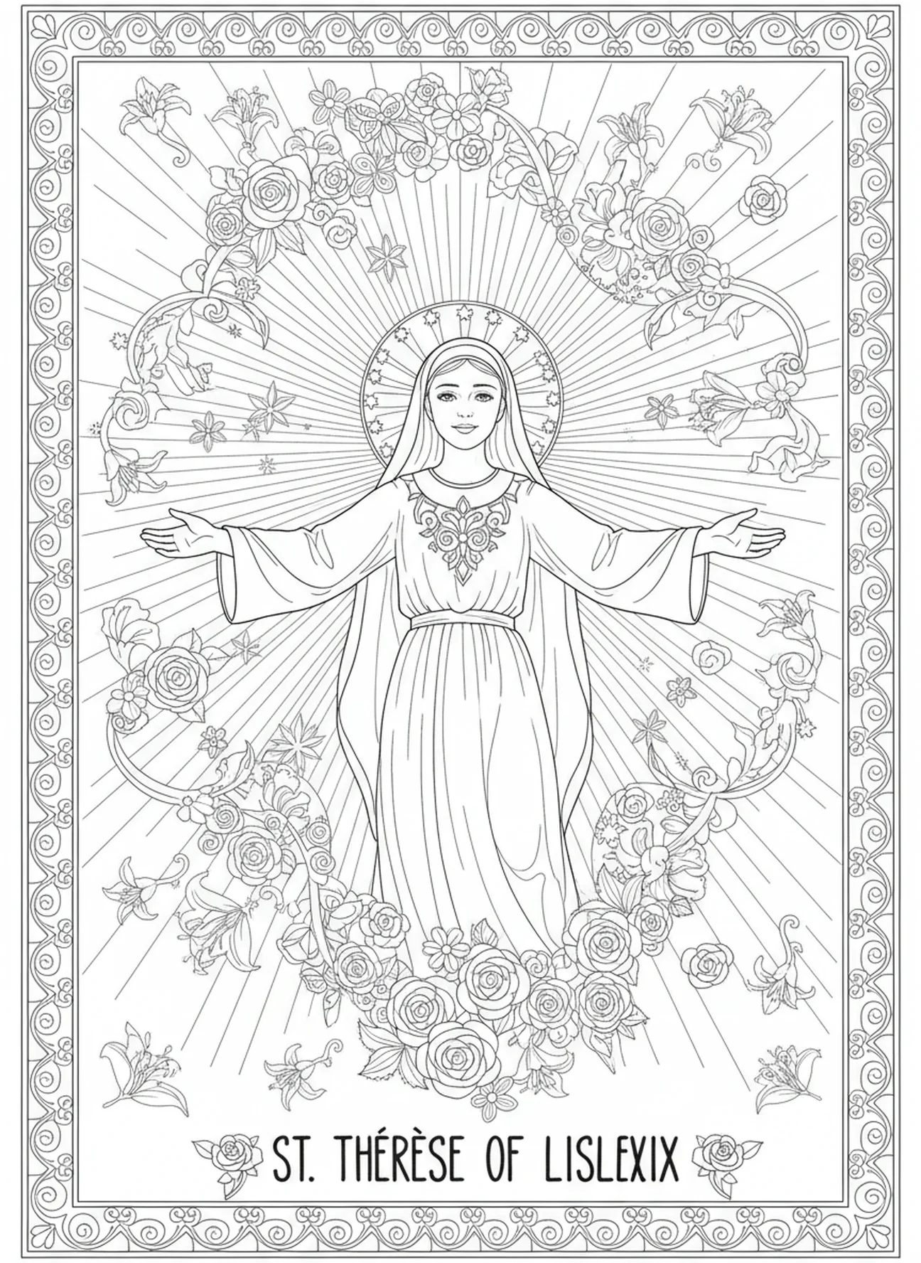 St Therese radiating joy, St Therese Lisieux coloring page for adults Bible journaling style.