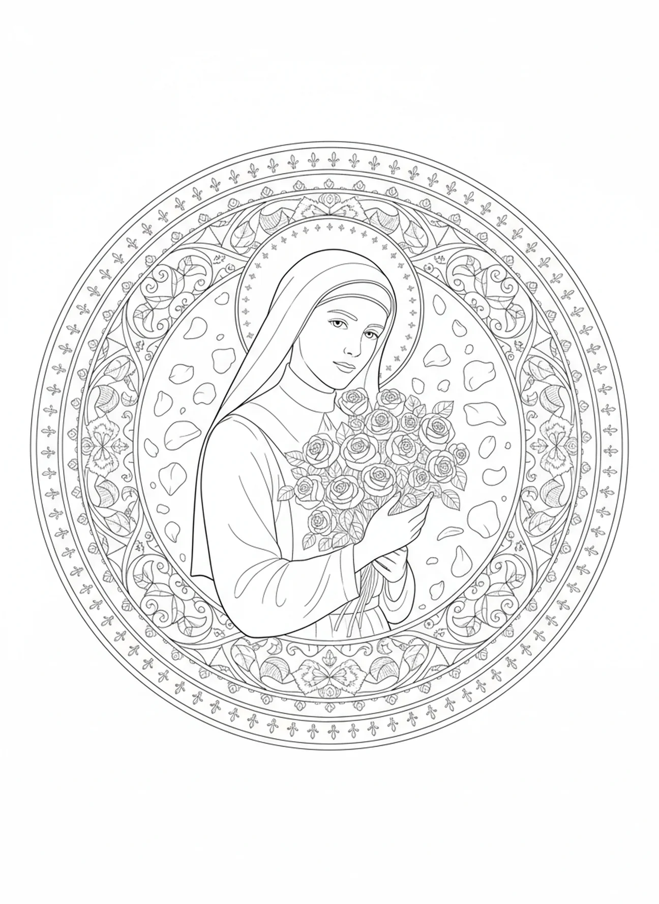St Therese holding roses, St Therese Lisieux coloring page for adults Bible journaling style.