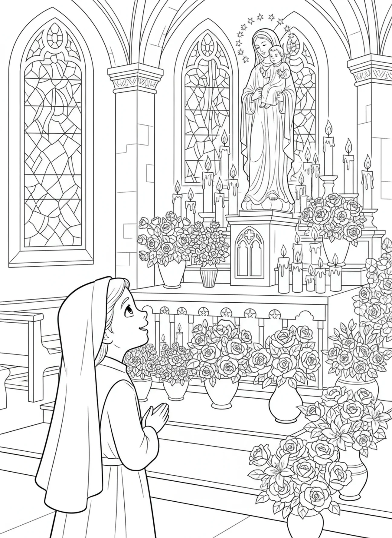 Św. Teresa z Lisieux patrzy na figurę, kolorowanka dla dzieci w wieku 5-10 lat ze Św. Teresą