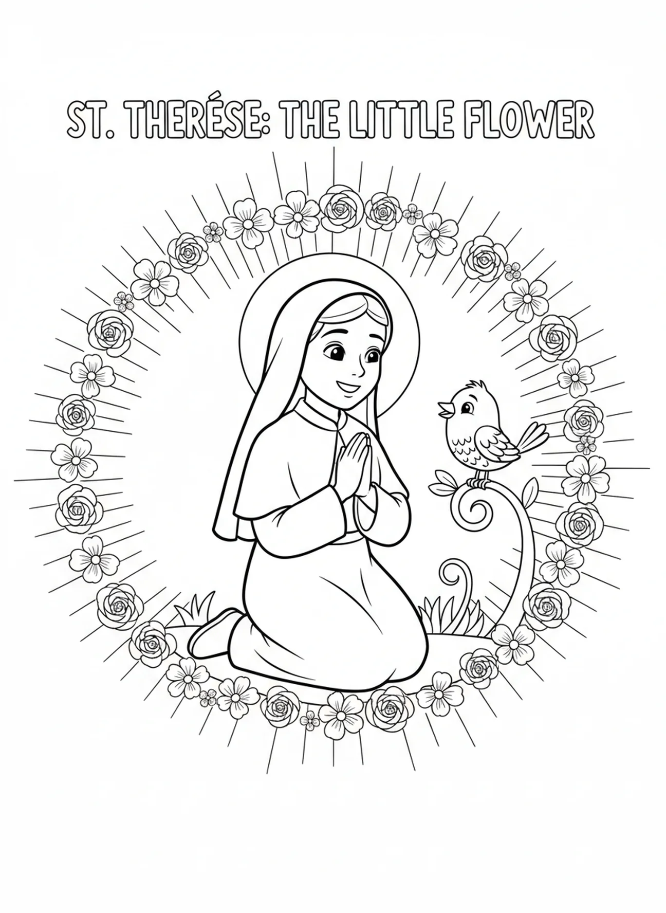 Święta Teresa z Lisieux klęczy na modlitwie, kolorowanka dla dzieci w wieku 5-10 lat