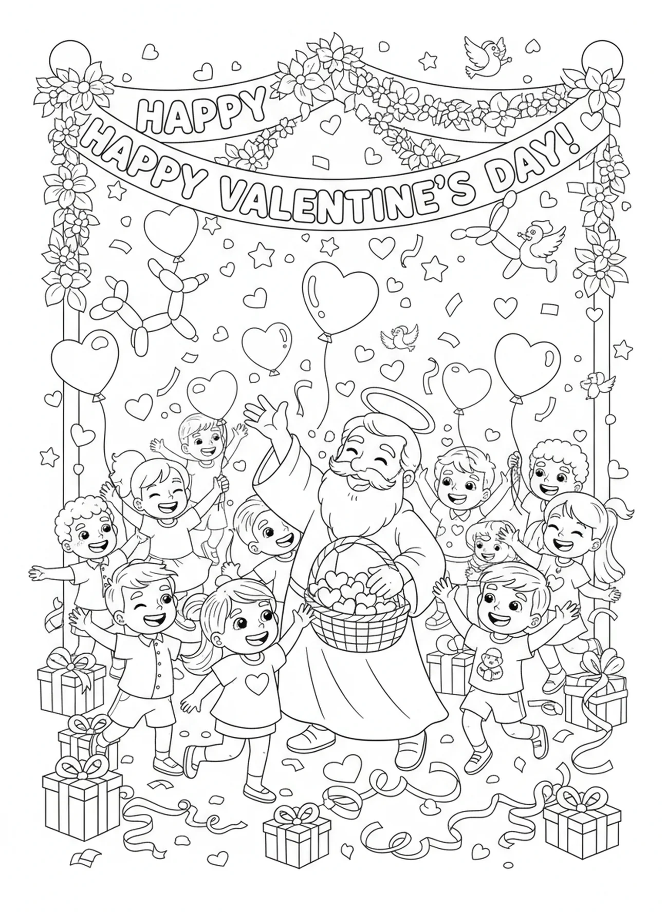 St Valentine party with children, St Valentine coloring page for kids age 5-10