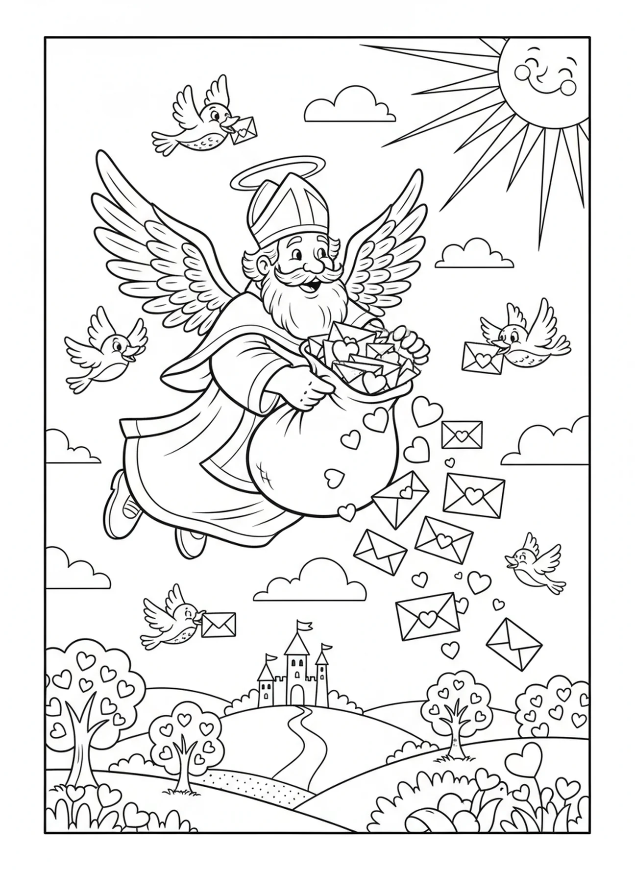 St Valentine delivering letters, St Valentine coloring page for kids age 5-10