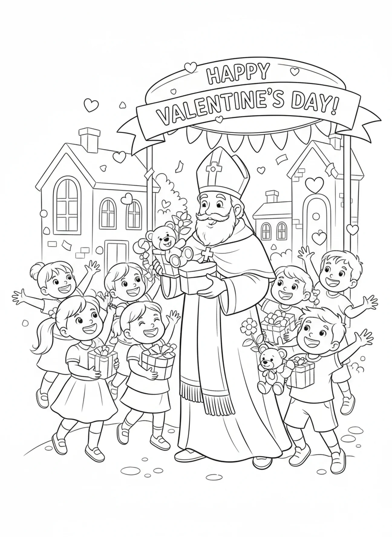 St Valentine giving gifts, St Valentine coloring page for kids age 5-10