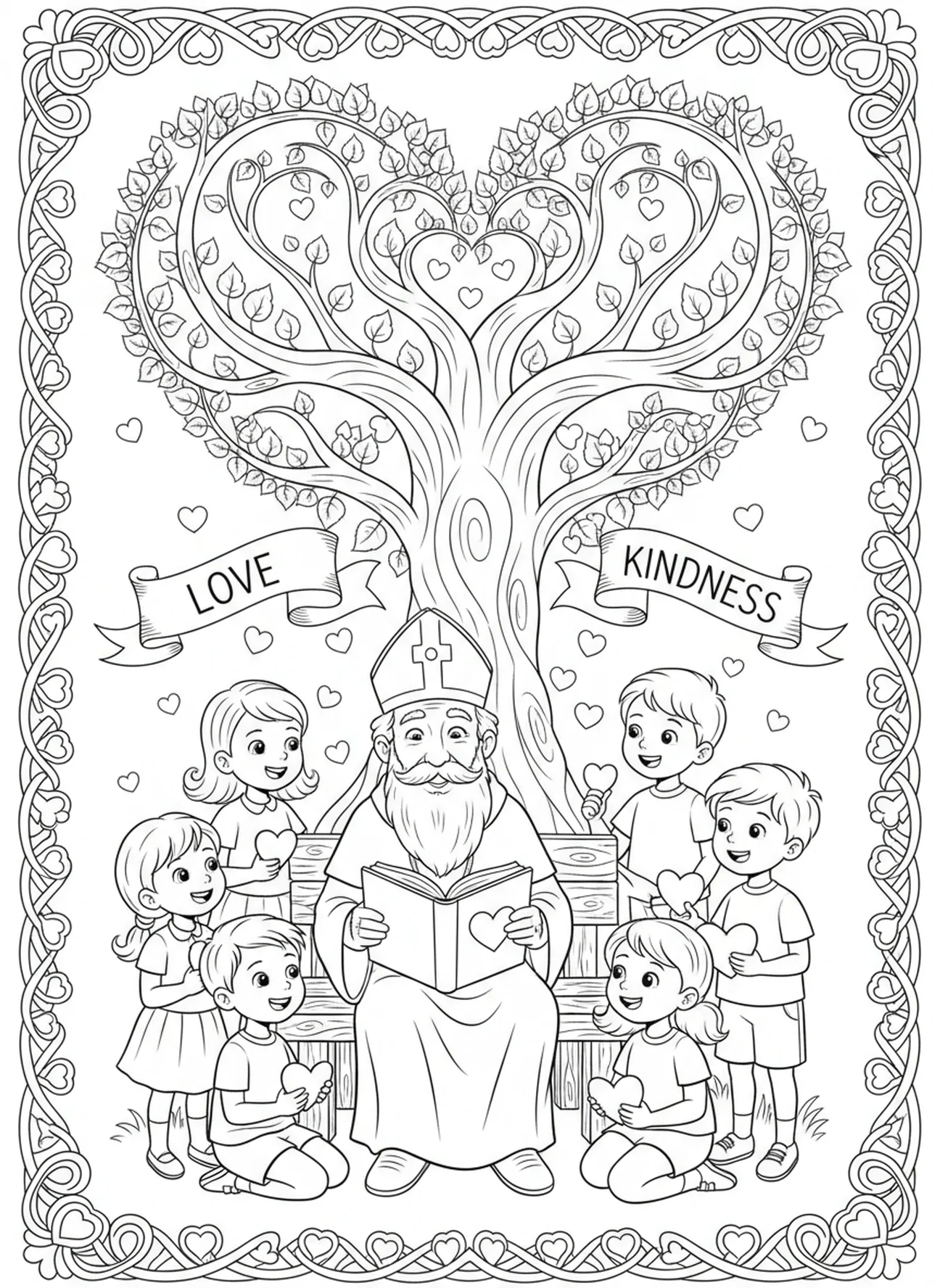 St Valentine sharing love stories, St Valentine coloring page for kids age 5-10