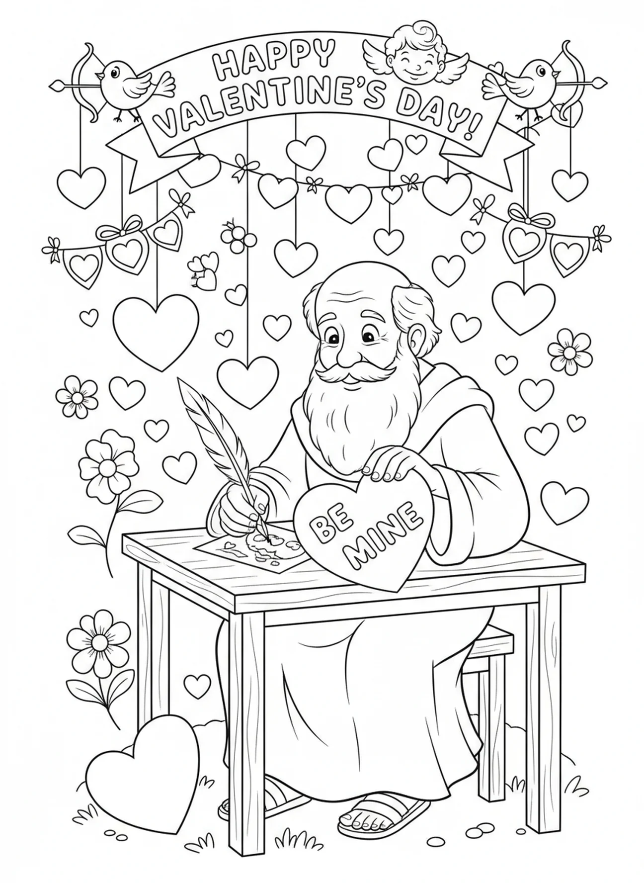 St Valentine writing a card, St Valentine coloring page for kids age 5-10