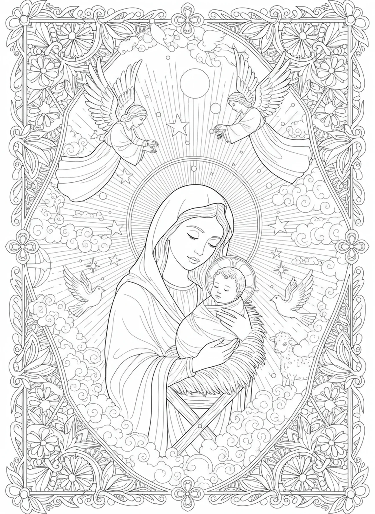 Nativity scene, Virgin Mary coloring page for adults Bible journaling style