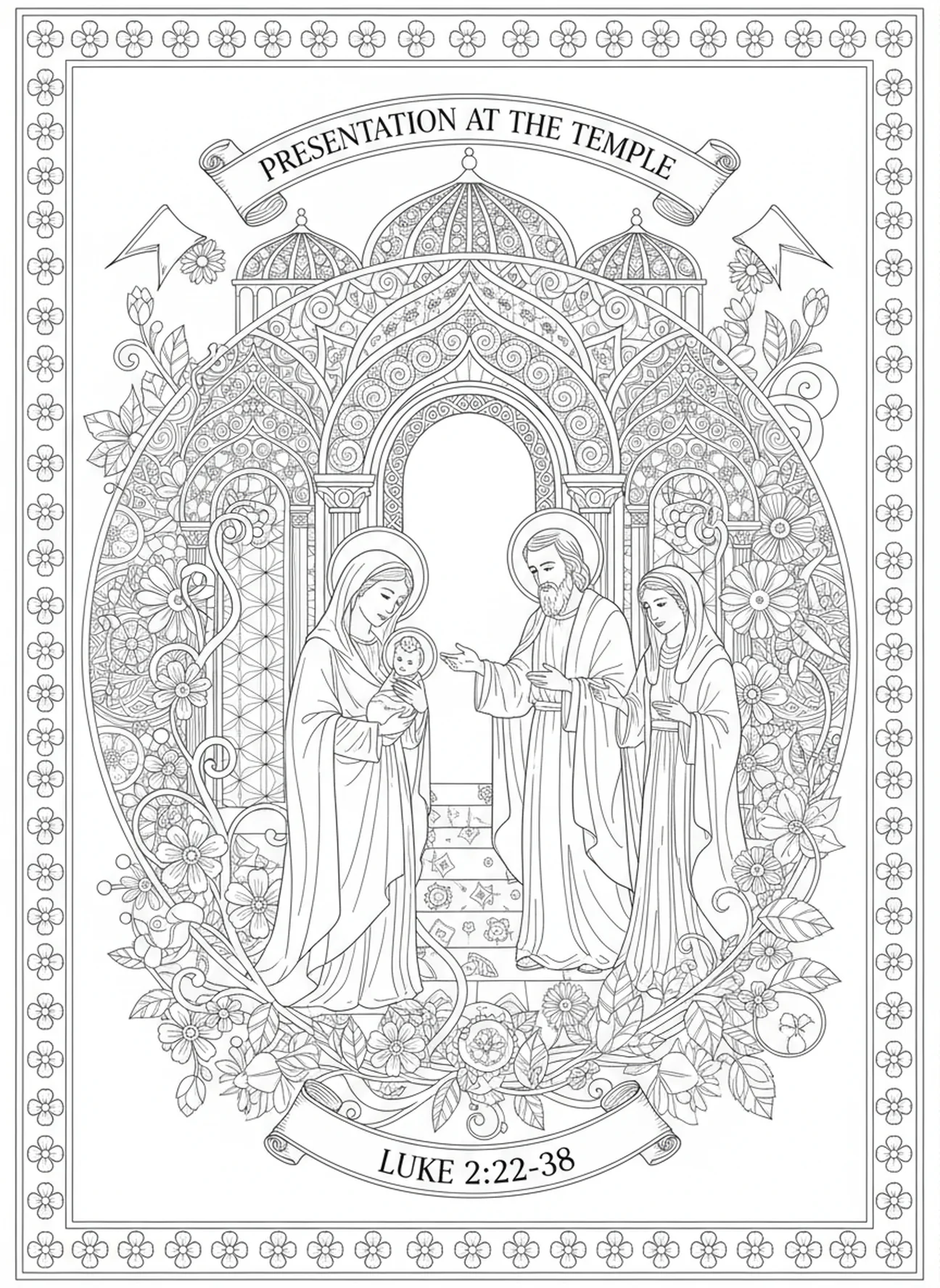 Presentation at the temple, Virgin Mary coloring page for adults Bible journaling style