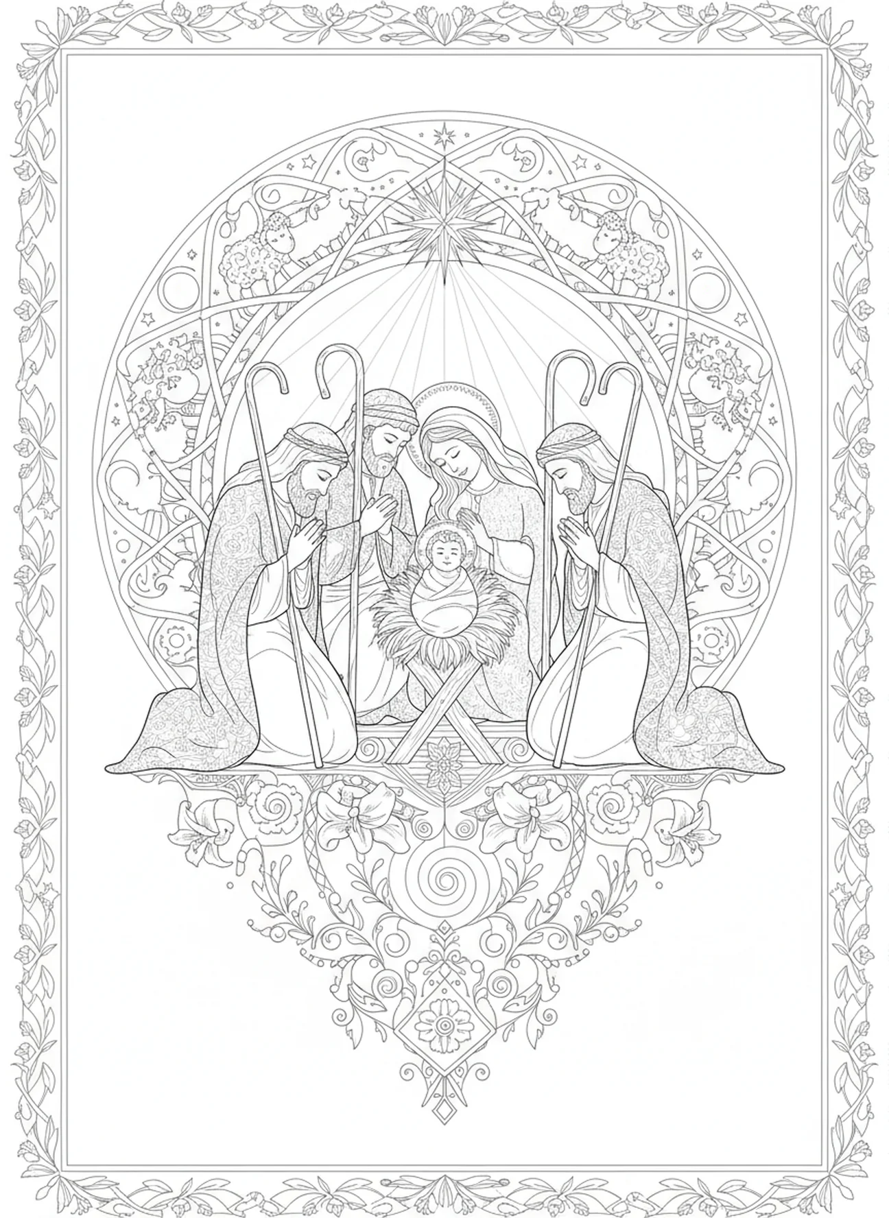 Shepherds visiting, Virgin Mary coloring page for adults Bible journaling style