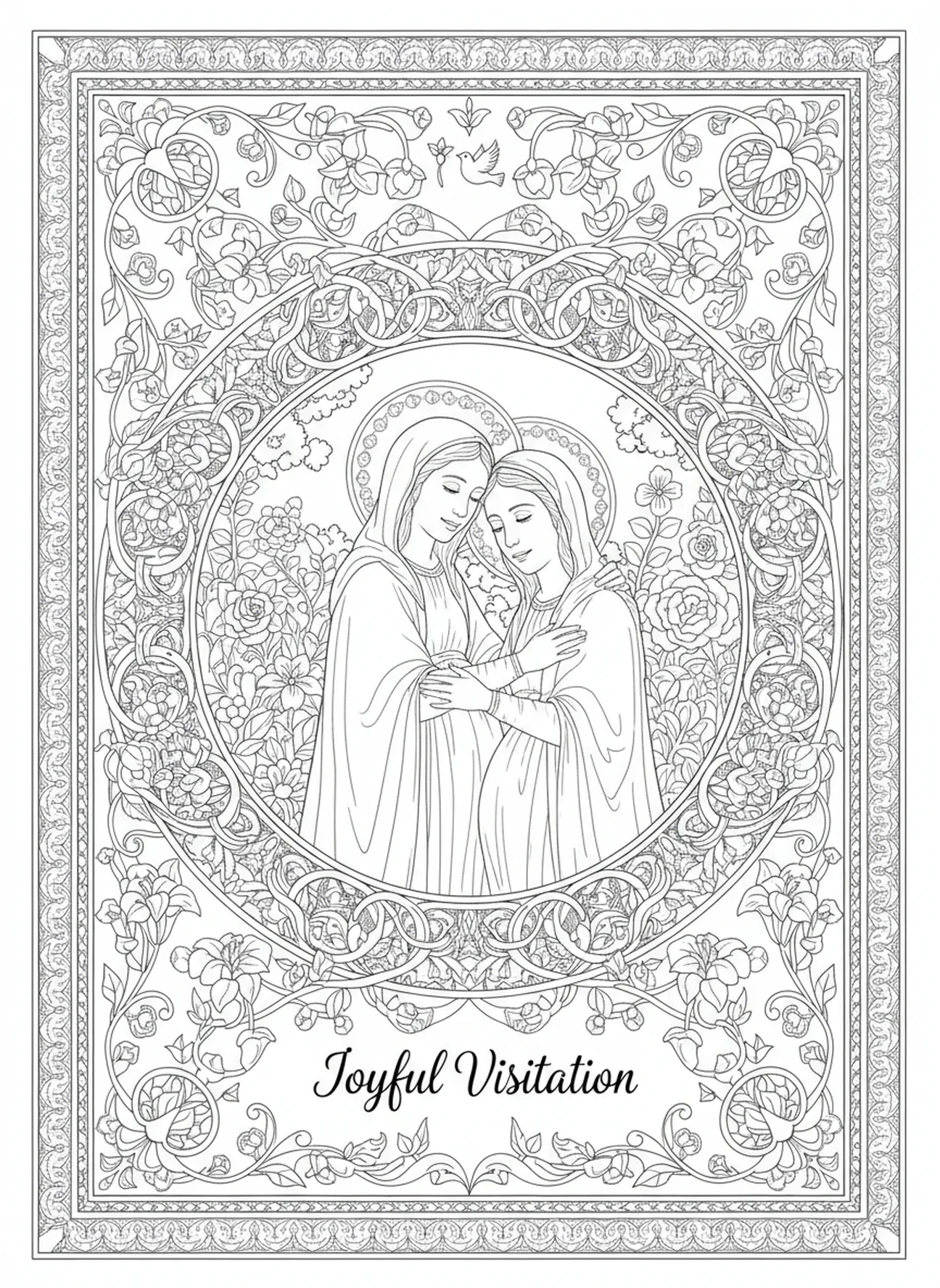 Visitation scene, Virgin Mary coloring page for adults Bible journaling style