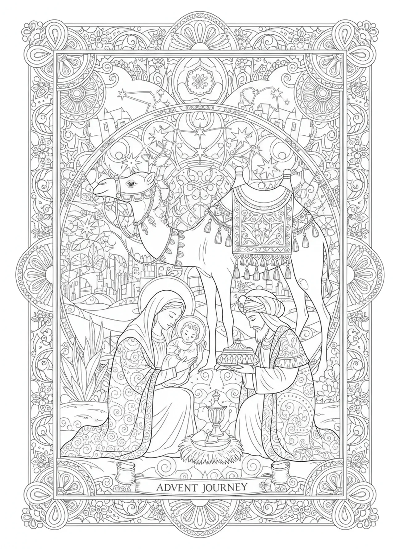 Wise men arrival, Virgin Mary coloring page for adults Bible journaling style