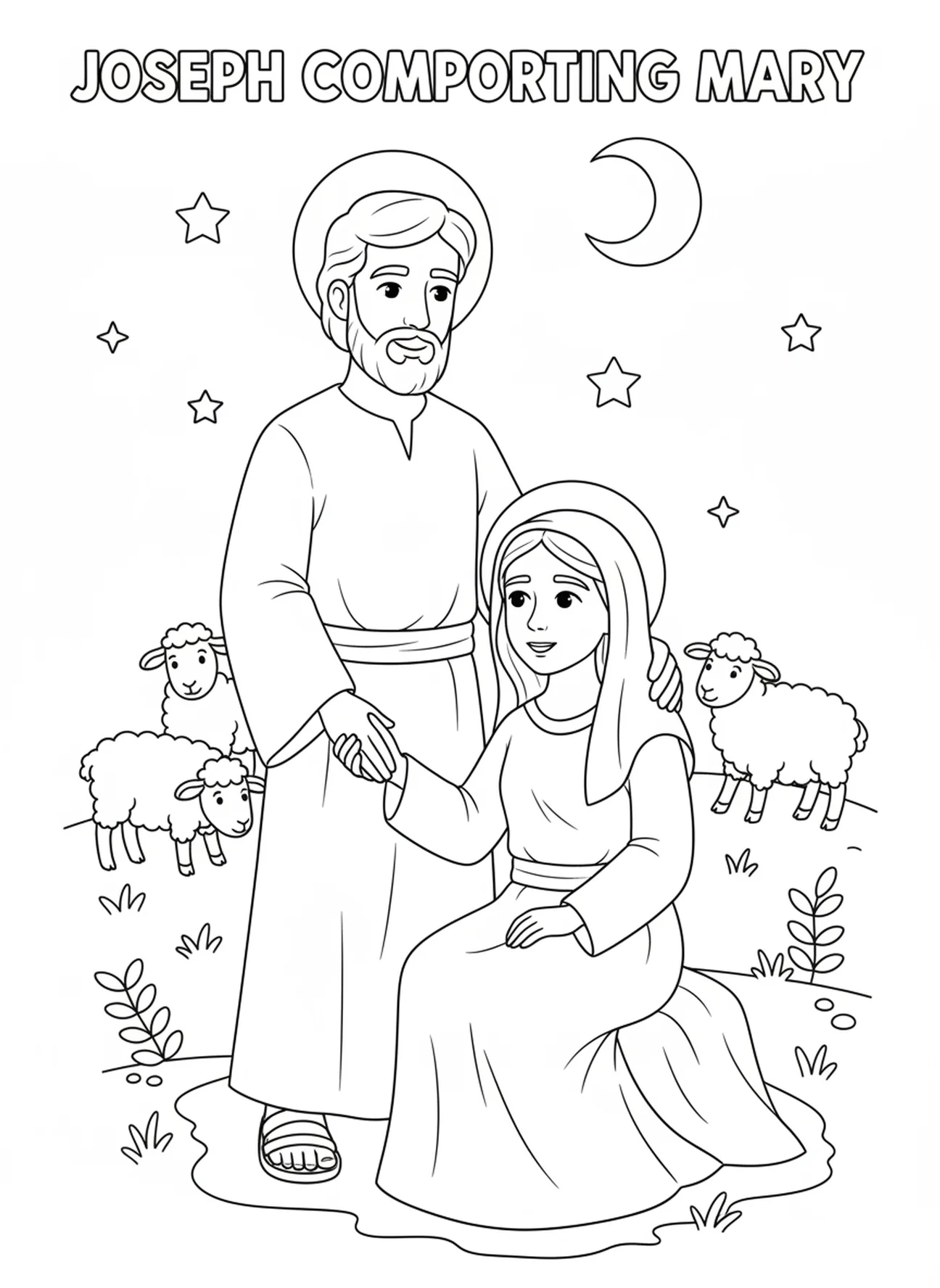 Joseph supporting Mary, Virgin Mary coloring page for kids age 5-10