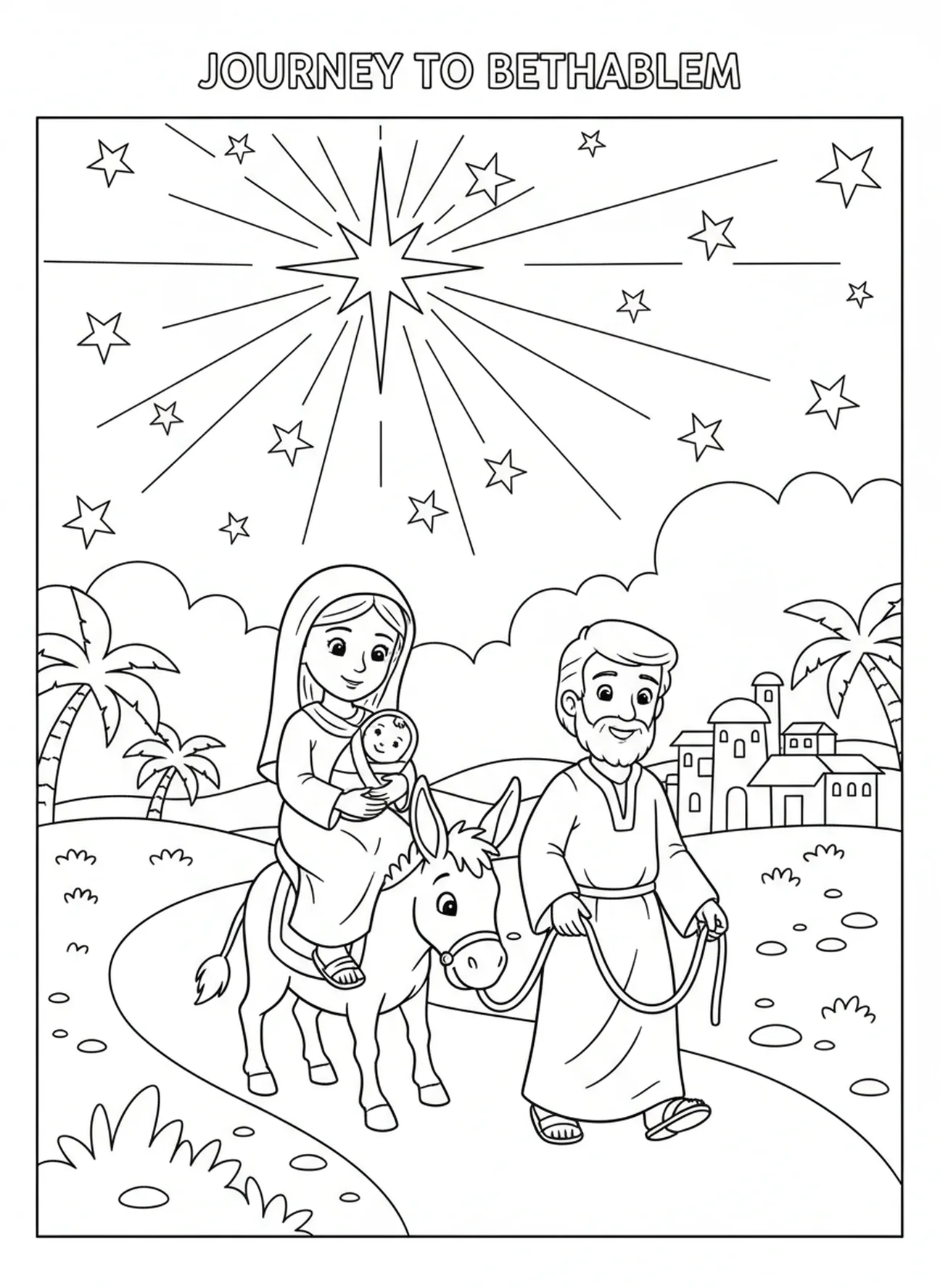 Mary and Joseph journeying to Bethlehem, Virgin Mary coloring page for kids age 5-10