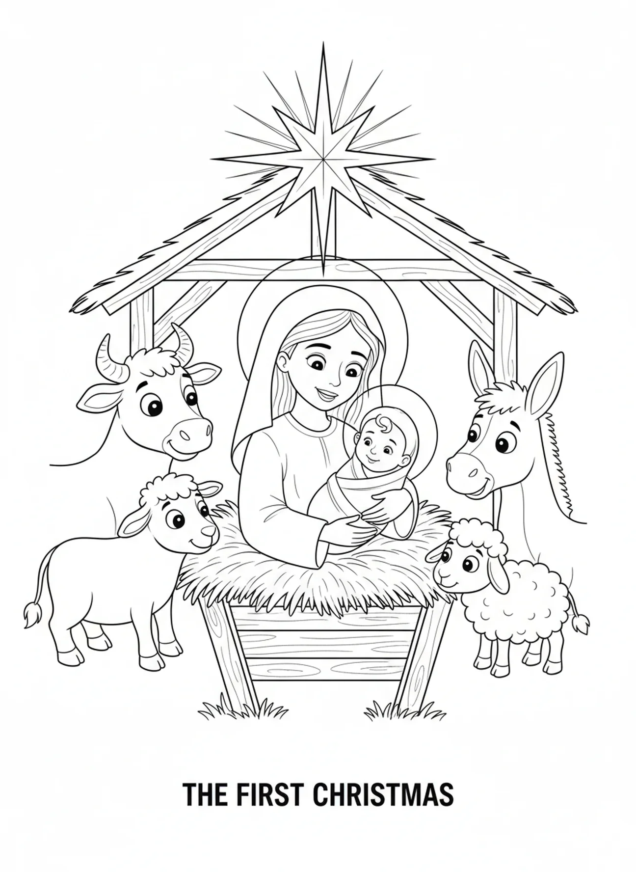 Mary cradling baby Jesus in the manger, Virgin Mary coloring page for kids age 5-10