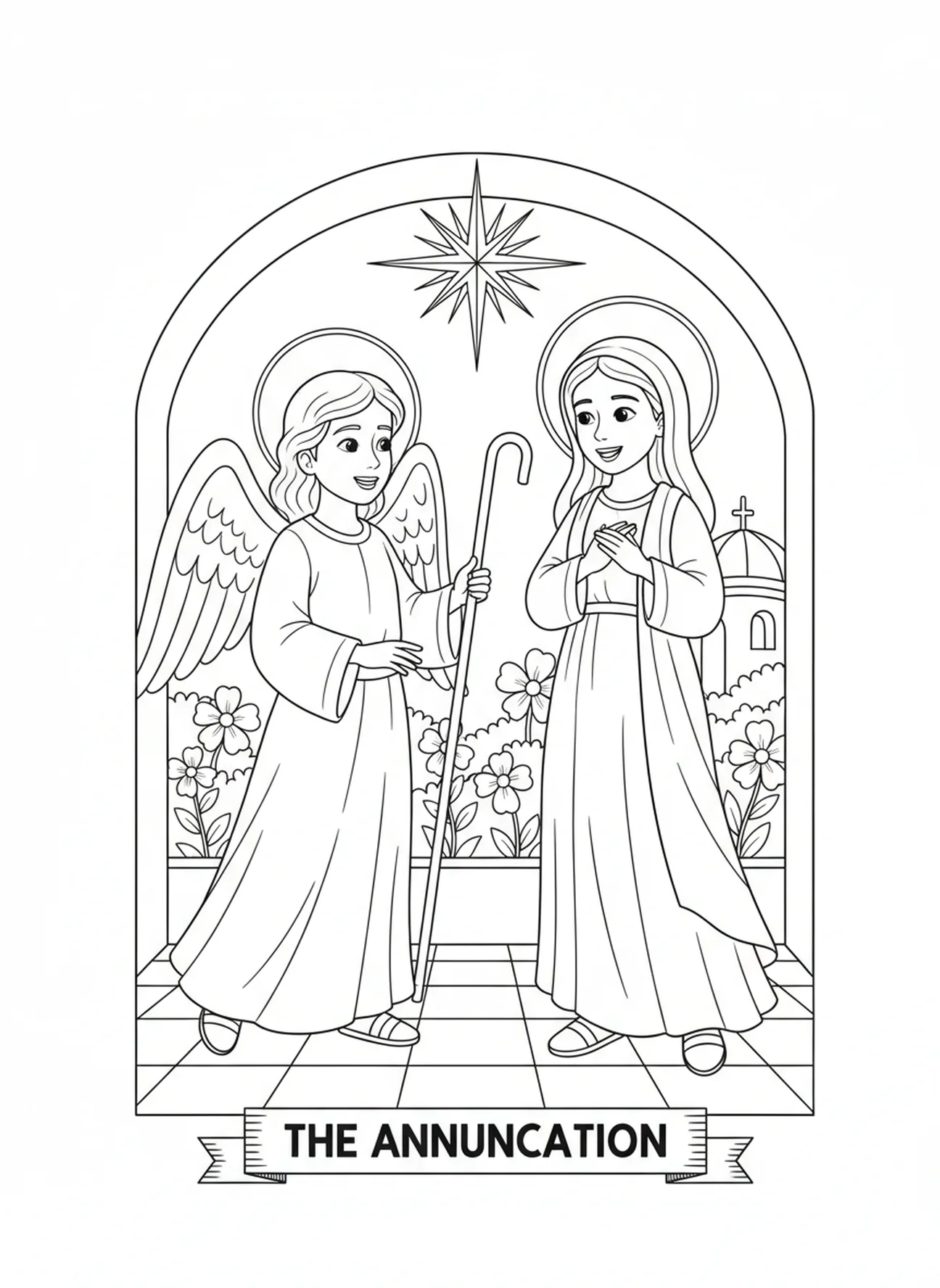 Mary joyfully accepting the angel's message, Virgin Mary coloring page for kids age 5-10