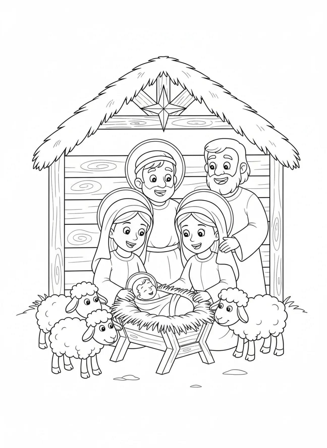 Shepherds visiting Mary and baby Jesus, Virgin Mary coloring page for kids age 5-10
