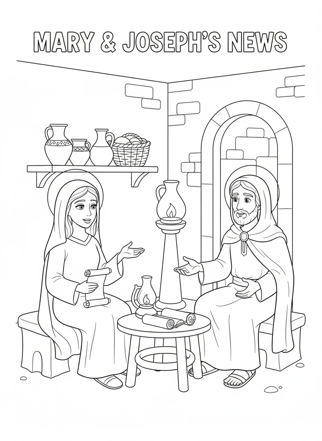 Joseph et Marie en conversation, page à colorier de la Vierge Marie pour les enfants de l'École du dimanche âgés de 5 à 12 ans.