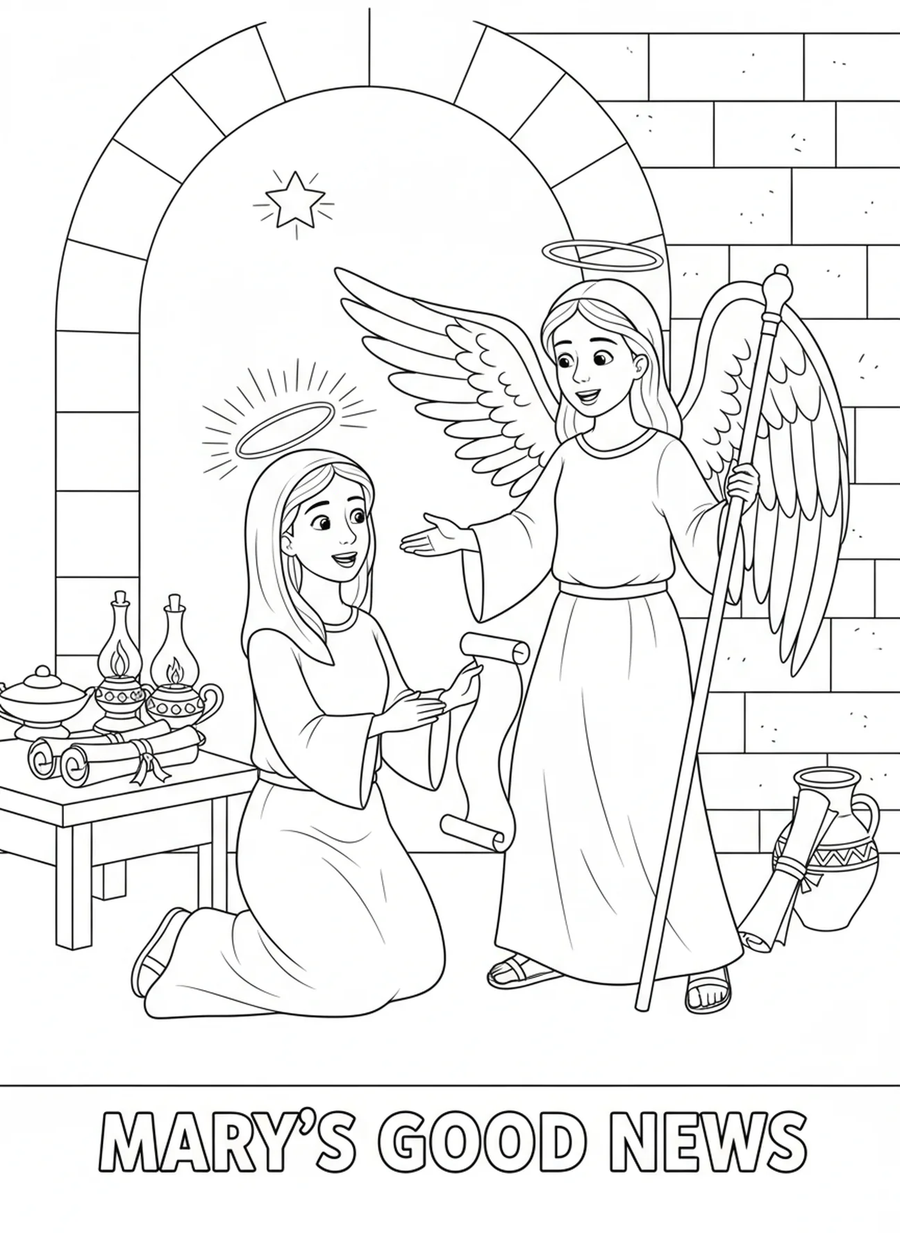 Marie acceptant joyeusement le message, page à colorier de la Vierge Marie pour les enfants de l'École du dimanche âgés de 5 à 12 ans.